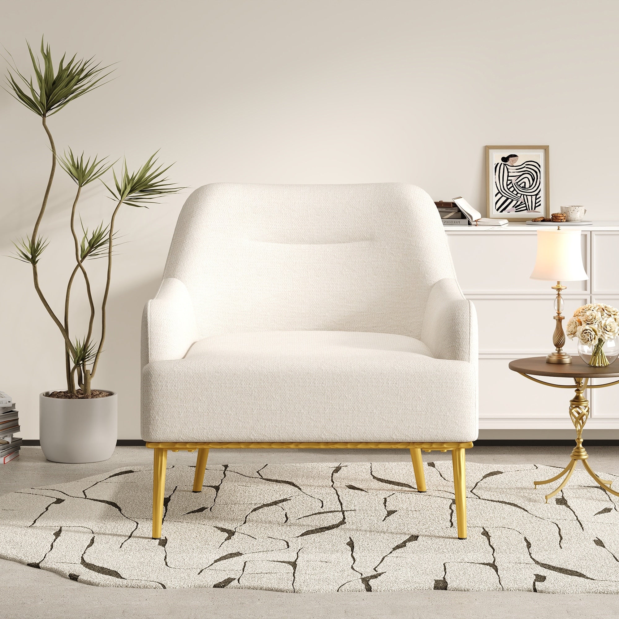 Modern Accent Chair Upholstered Armchair Single Sofa Chair With Curved Backrest And Gold Metal Legs For Living Room