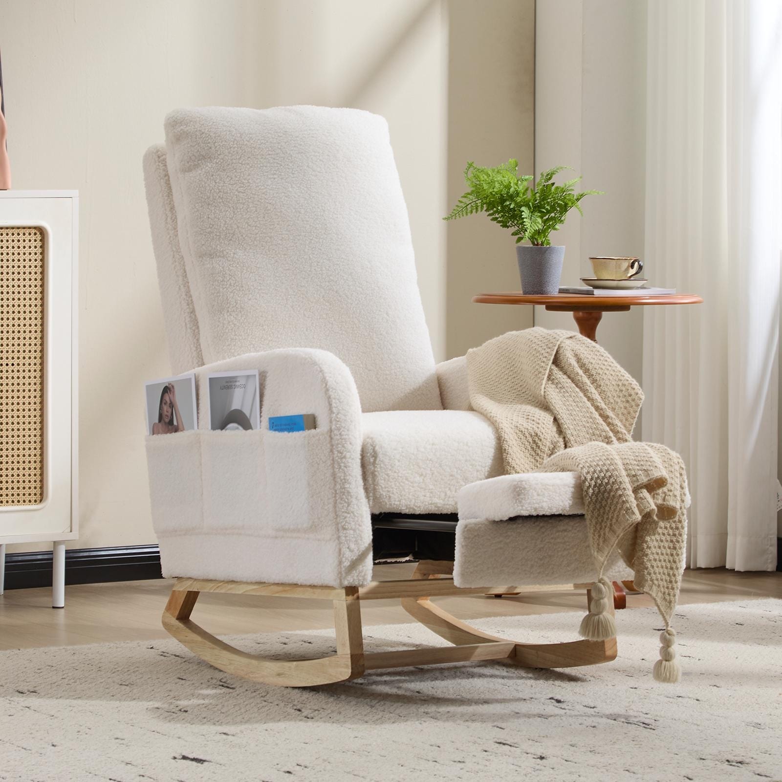 Modern Accent Rocking Chair Rocking Chair With Solid Wood Legs Upholstered Nursery Glider Rocker Side Pocket And Footrest
