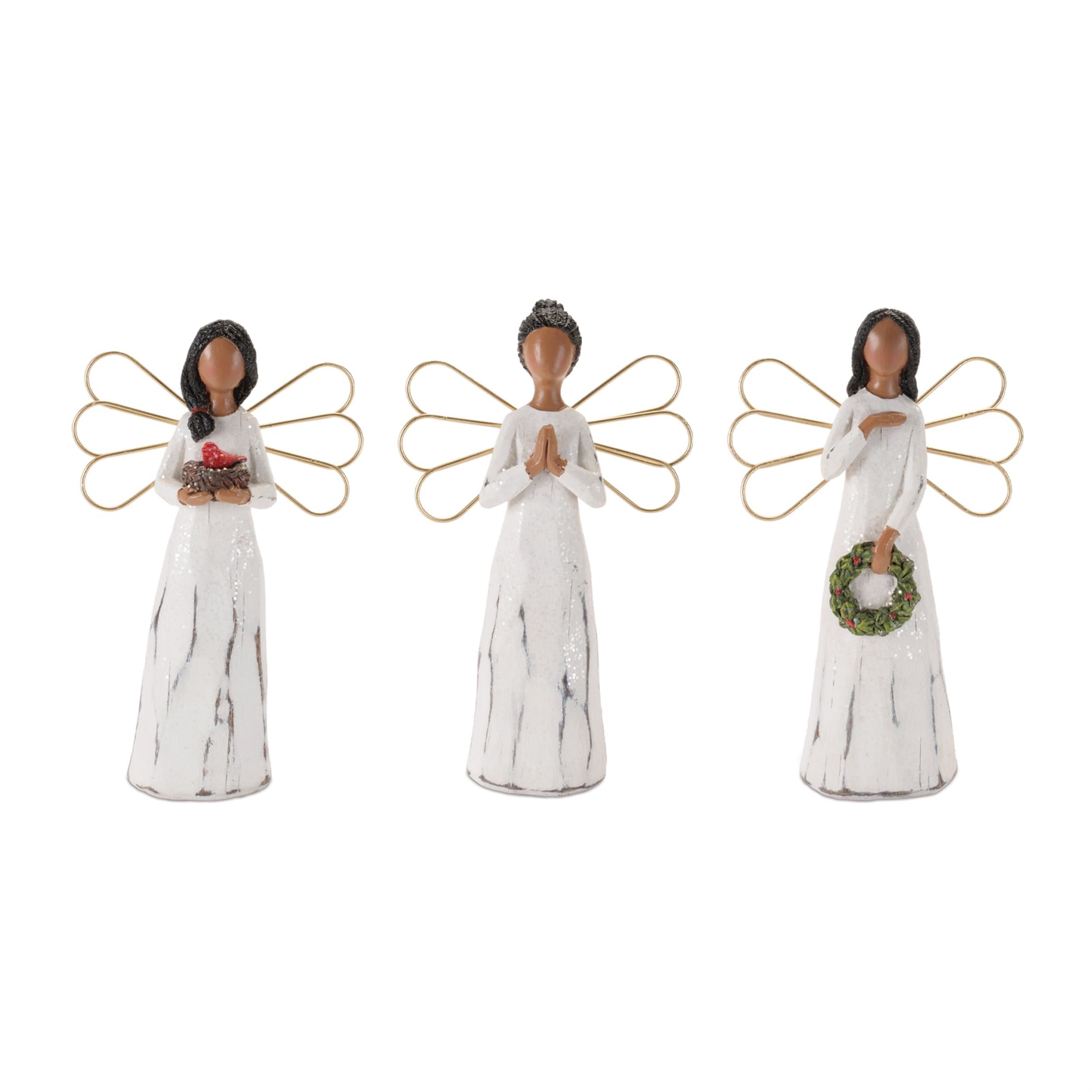 Modern Angel Figurines With Gold Metal Wings Set Of 6