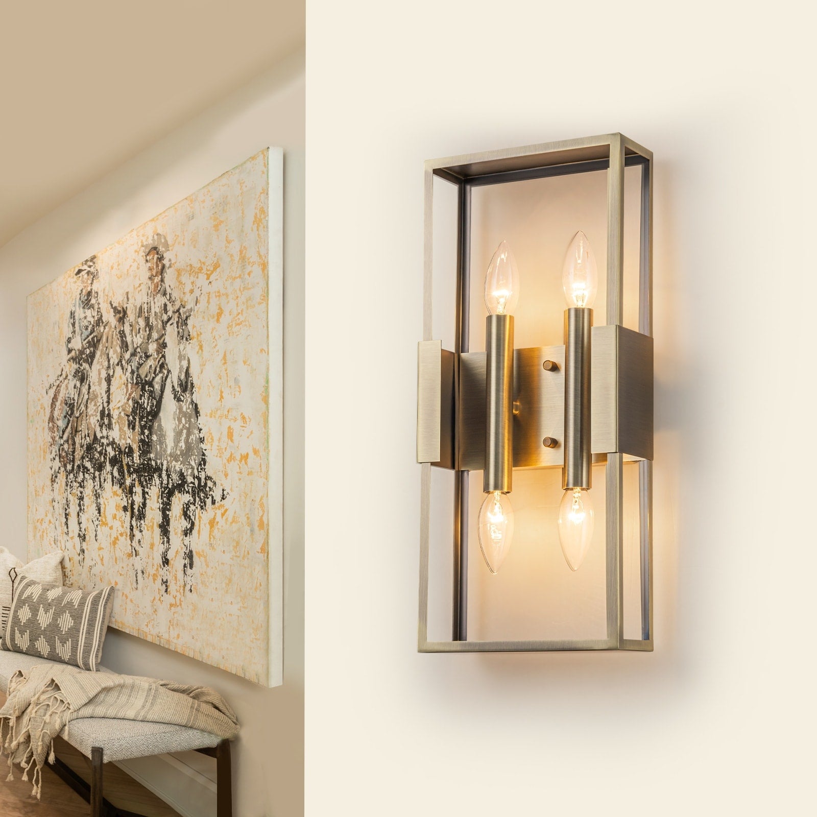 4 Light Modern Vintage Antique Brass Rectangular Metal Wall Sconce