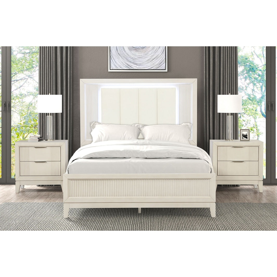 Modern Antique White Finish Solid Wood Bedroom Furniture Set 3Pc