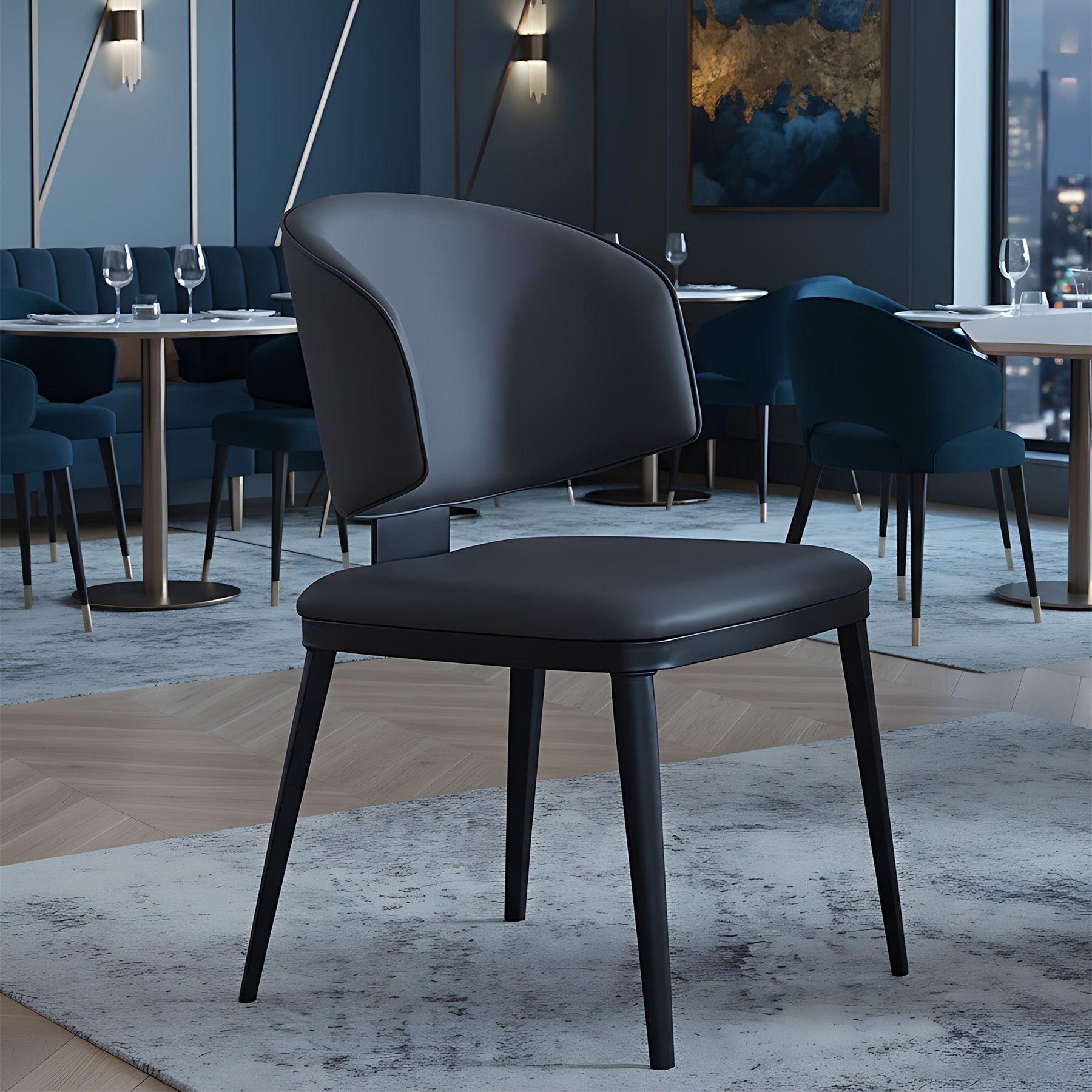 Modern Armless Faux Leather Upholstered Dining Chair With Curved Floating Back Black Metal Legs N A
