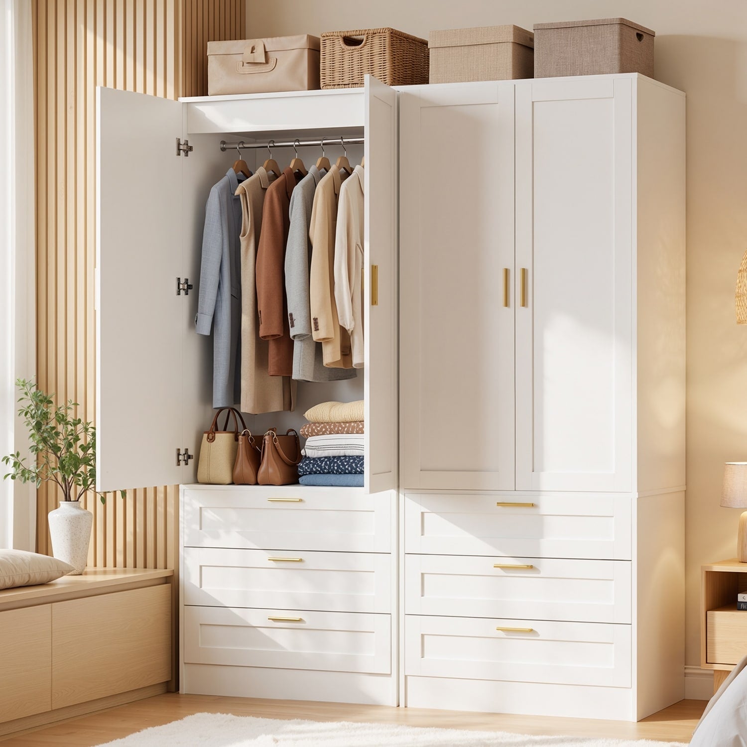 Modern Armoire Wardrobe Closet With Wooden Drawers Closet Organizer With Hanging Rods