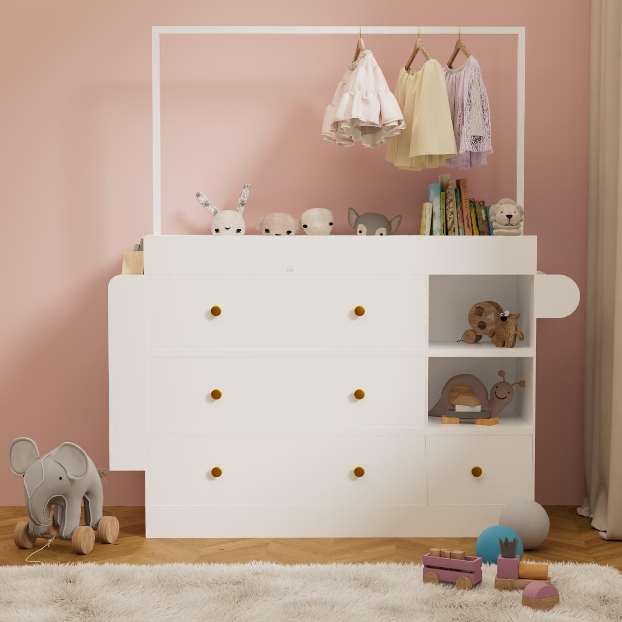 Modern Baby Dressing Table With 3 Drawers And Storage Shelves And Hangers Multi Functional Baby Changing Table With Drying Rack