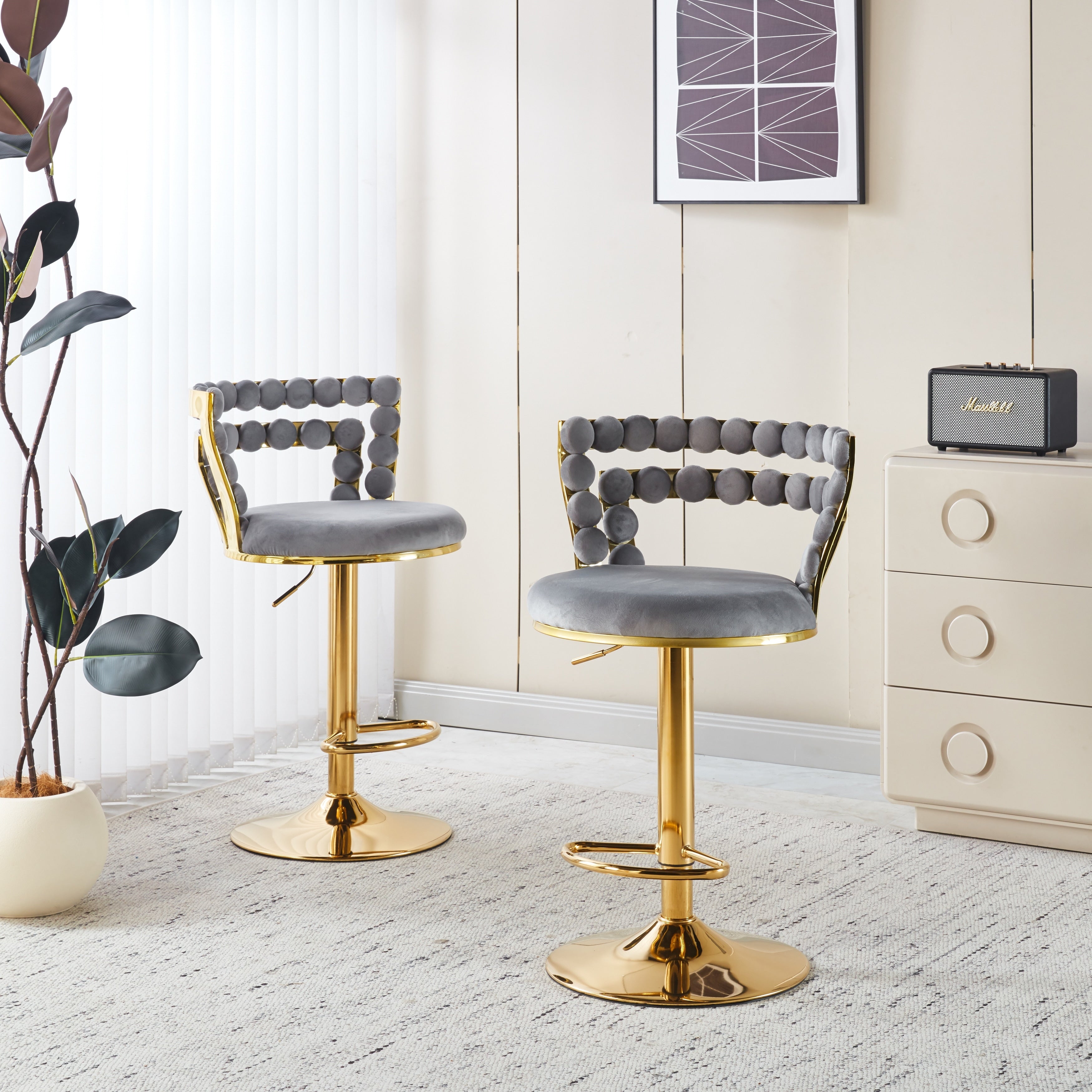 Modern Bar Chair Set Of 2 With Golden Iron Tube Legs Soft Cushions And Comfortable Backrest