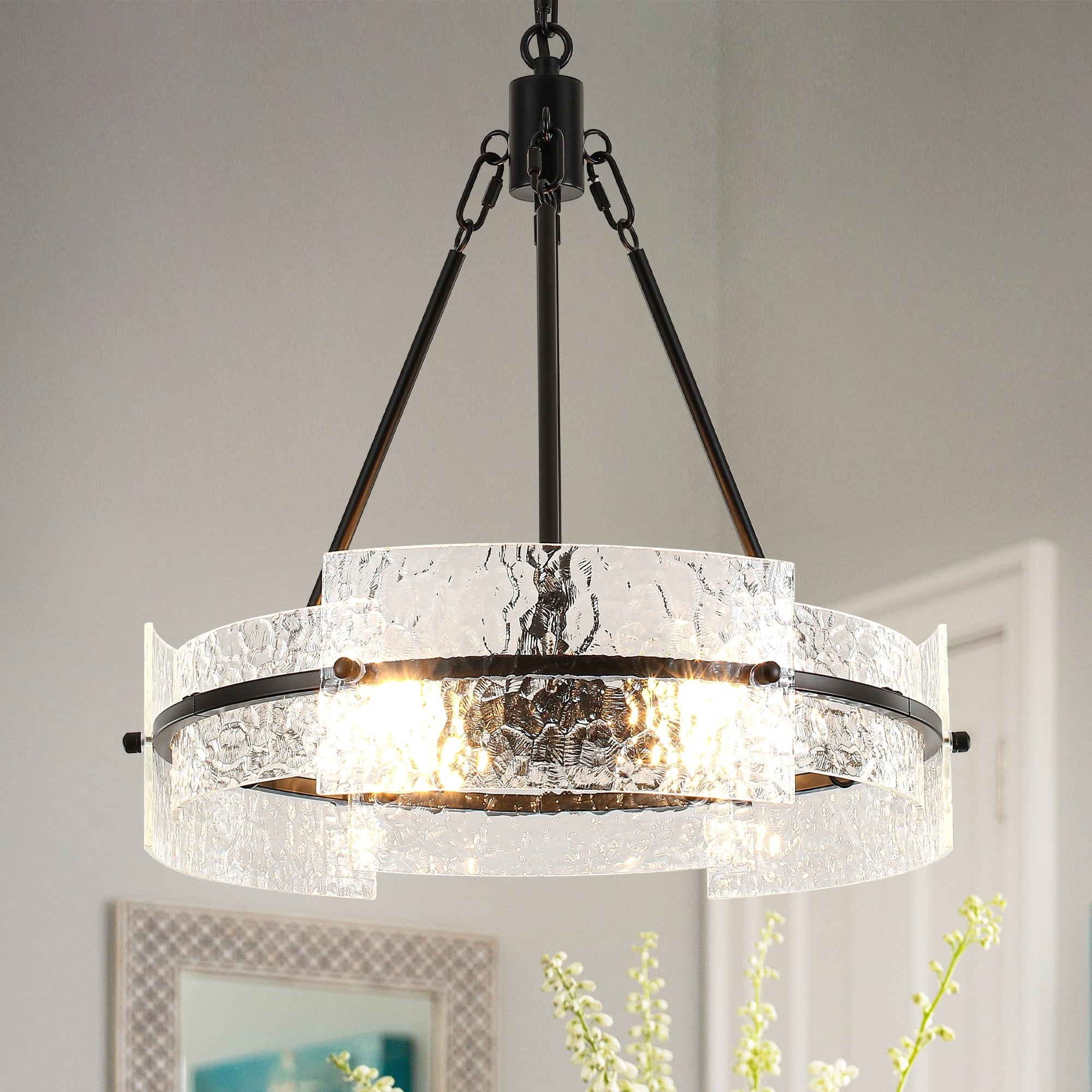 Modern Black 4 Light Clear Rippled Glass Pendant Light For Kitchen Island