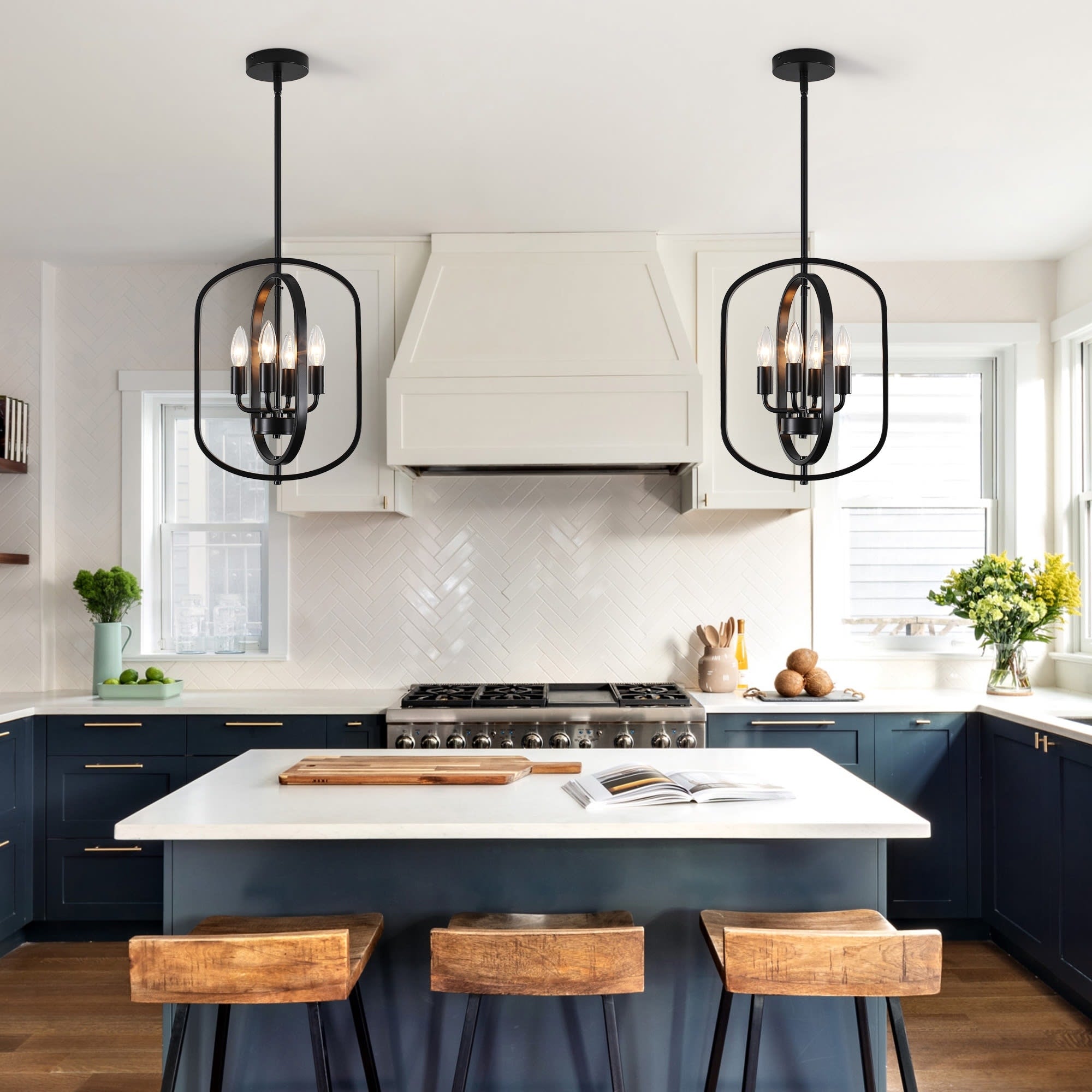 Modern Black 4 Light Open Cage Candle Pendant Lighting For Kitchen Island