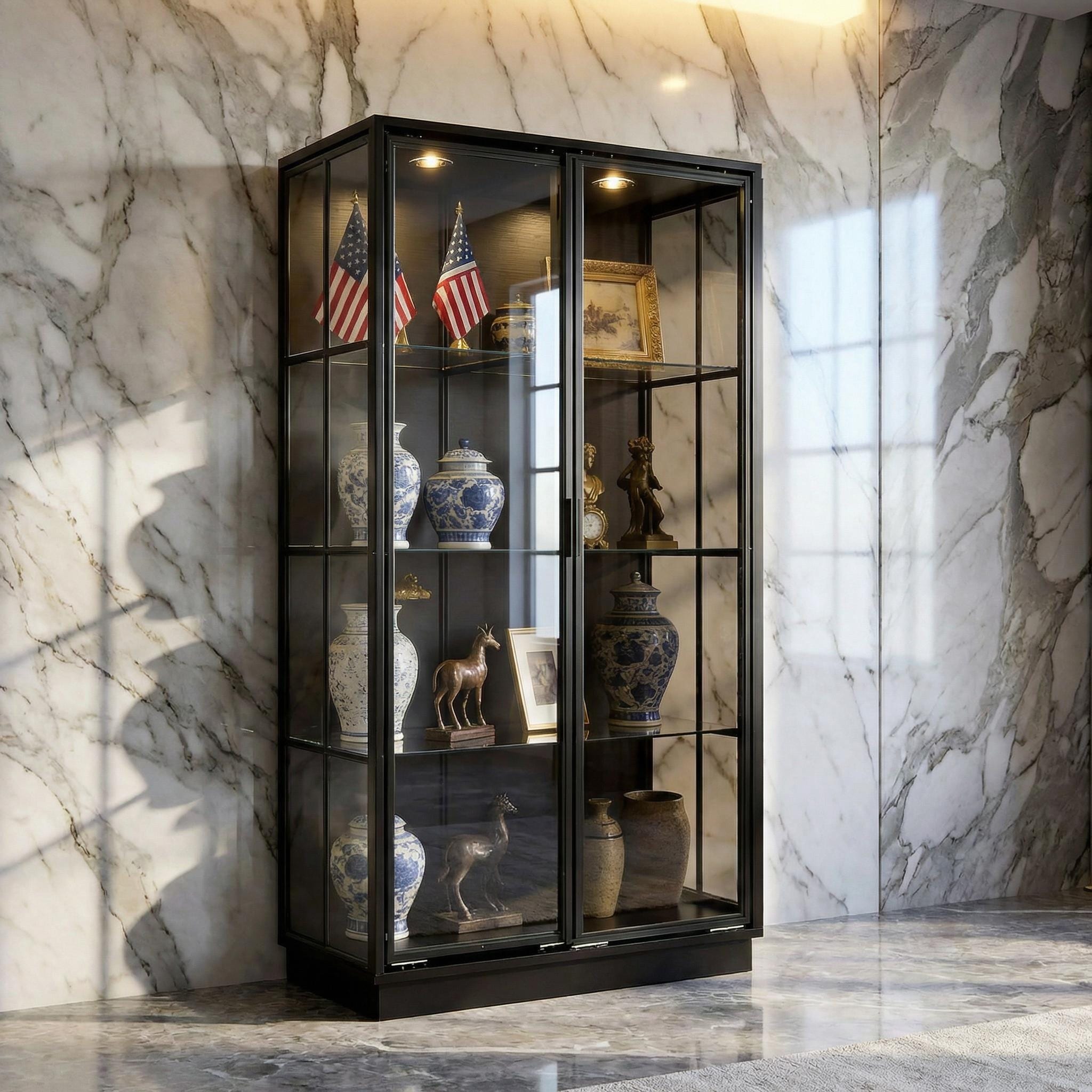 Modern Black Display Cabinet With Glass Doors 75 Tall Curio Cabinet With Tempered Glass Shelves Bookshelves Led Light