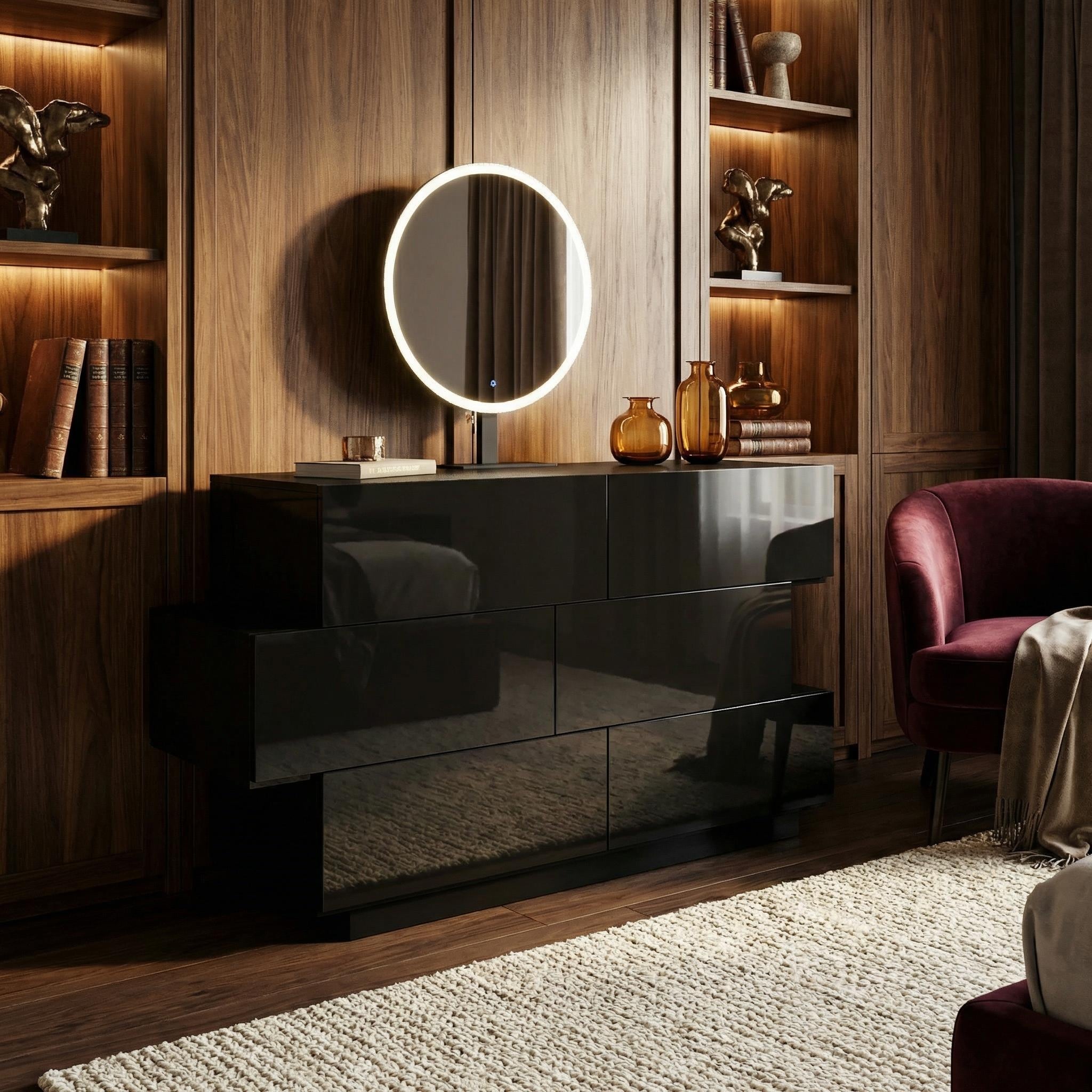 Modern Dresser With Led Mirror 3 Color Dimmable Light Vanity Set Adjustable Mirror Angle 6 Drawer Storage Cabinet