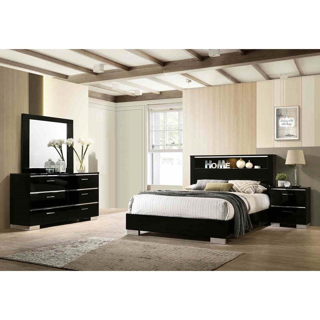 Modern Black High Gloss Finish Bedroom Set Usb Port