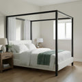 Modern Black Metal Canopy Bed With White Boucle Upholstered Headboard Four Poster Platform Bed Frame