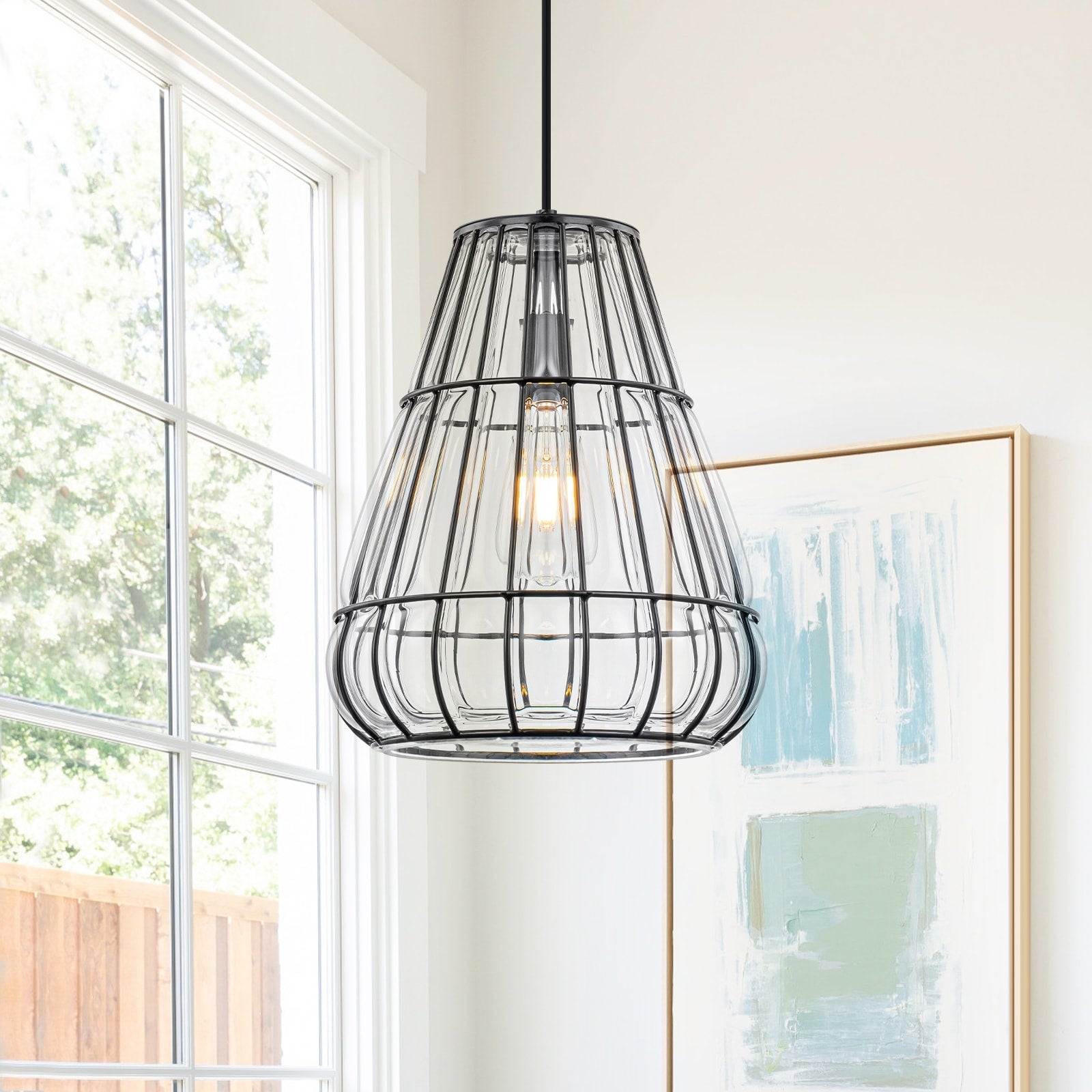 Modern Black Pendant Light With Gourd Glass Wire Cage Kitchen Island Dia.11.02 In