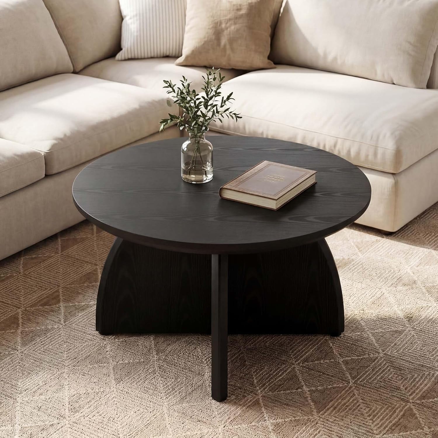 Modern Black Round Coffee Table 31.5 Circle Center Table For Living Room Home Office Easy Assembly Low Cocktail Table