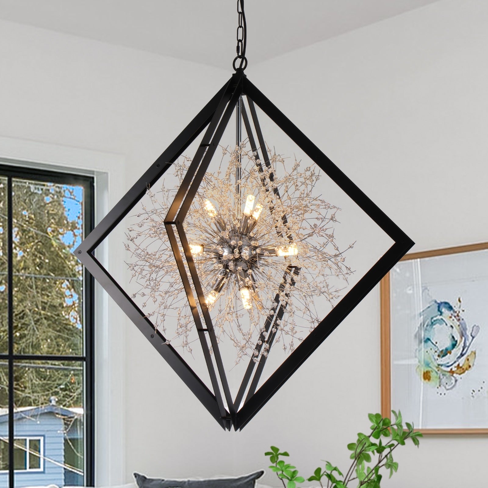 Modern Black Sputnik Crystal Chandelier Pendant Light For Dining Room Dia.30.71 In