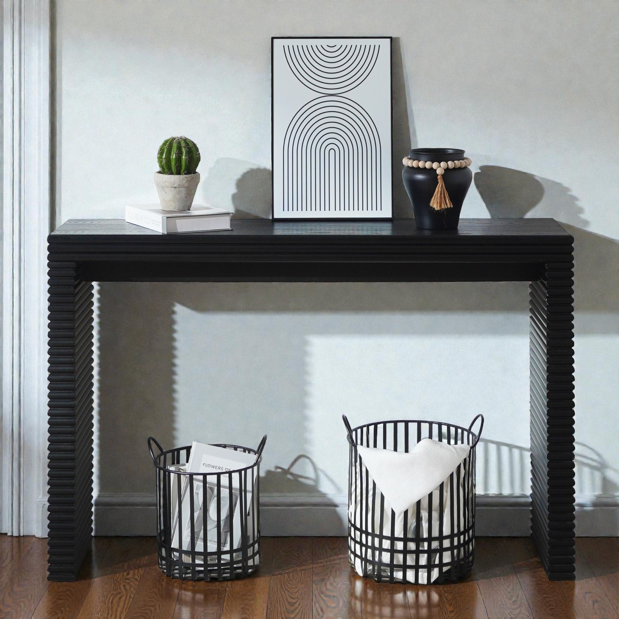 Modern Black Wood Console Table With Ribbed Legs 47 Narrow Entryway Table For Hallway Living Room