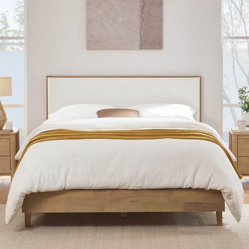 Modern Boucl Platform Bed With Upholstered Headboard Solid Wood Frame