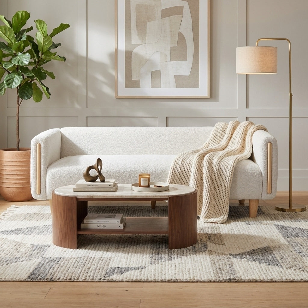 Modern Boucle 3 Seater Sofa With Sculpted Wood Inset Arms And Rubberwood Legs By Harper Bright Designs