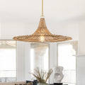 Modern Brushed Gold Pendant Light With Rattan Woven Hat Shade Dia.23.62 In