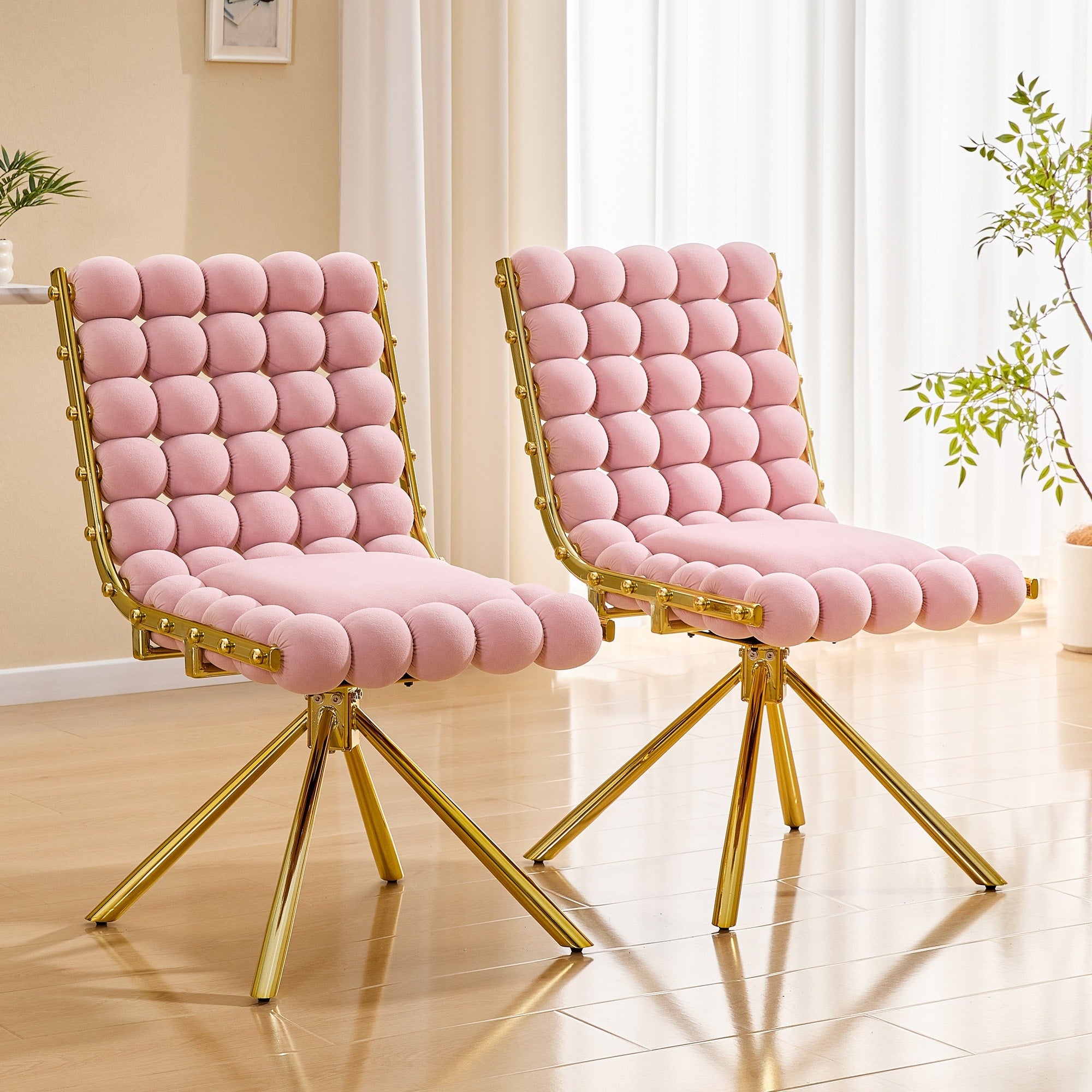 Modern Bubble Tufted Accent Chair Plush Velvet Swivel Chair With Gold Metal Legs Ergonomic Armless Chair For Living Room