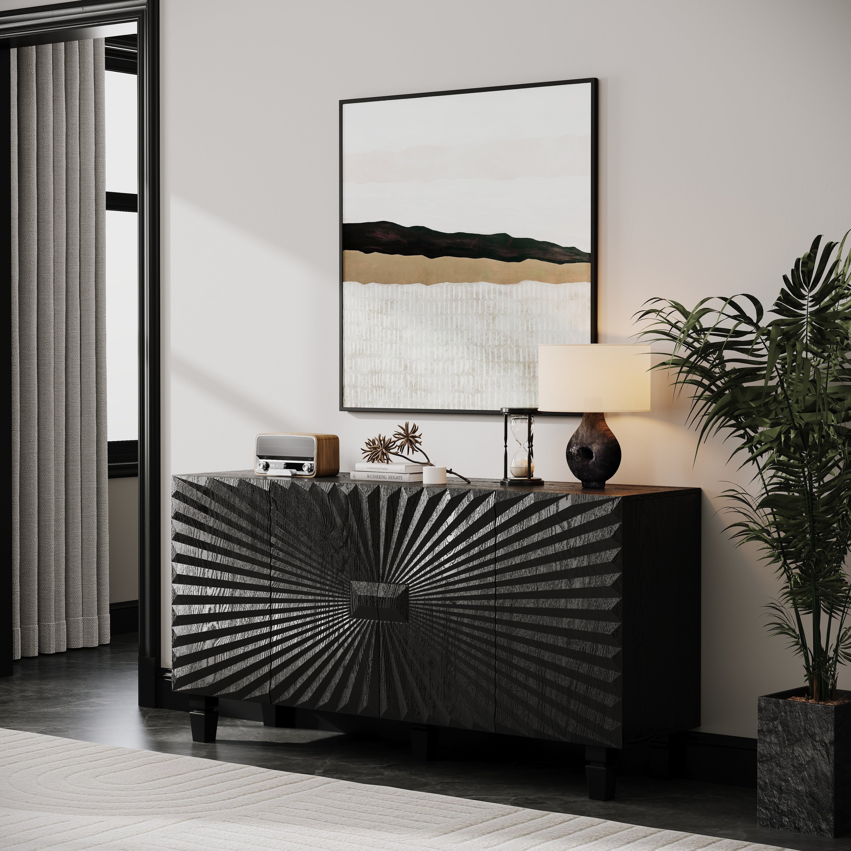 Modern Buffet Sideboard With 4 Sunburst Doors Credenza Storage Cabinet