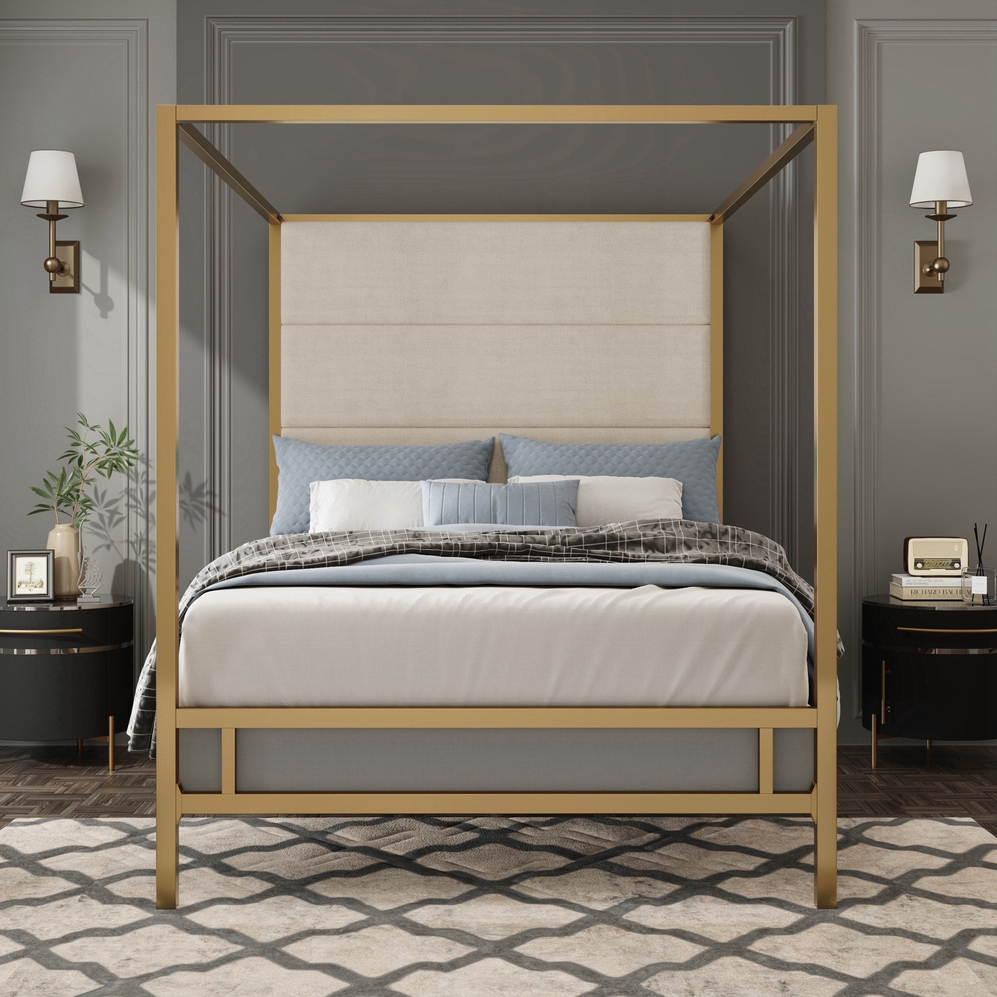 Modern Canopy Bed With 76.5 Tall Fabric Upholstered Headboard Metal 4 Poster Bed Frame