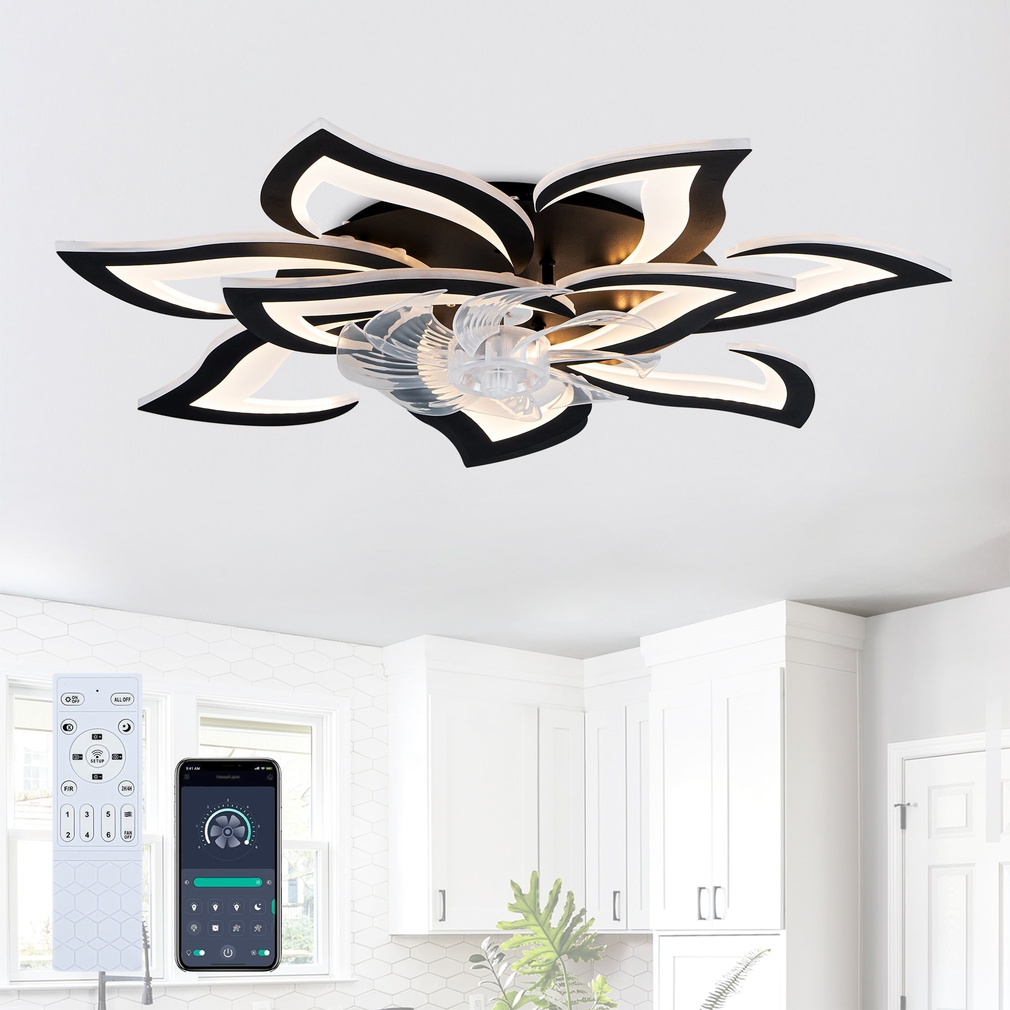 Modern Ceiling Fan With Remote Control 10 Pcs Blades 32 Ceiling Fan With Light 6 Speeds Low Profile Flush Mount Ceiling Fan