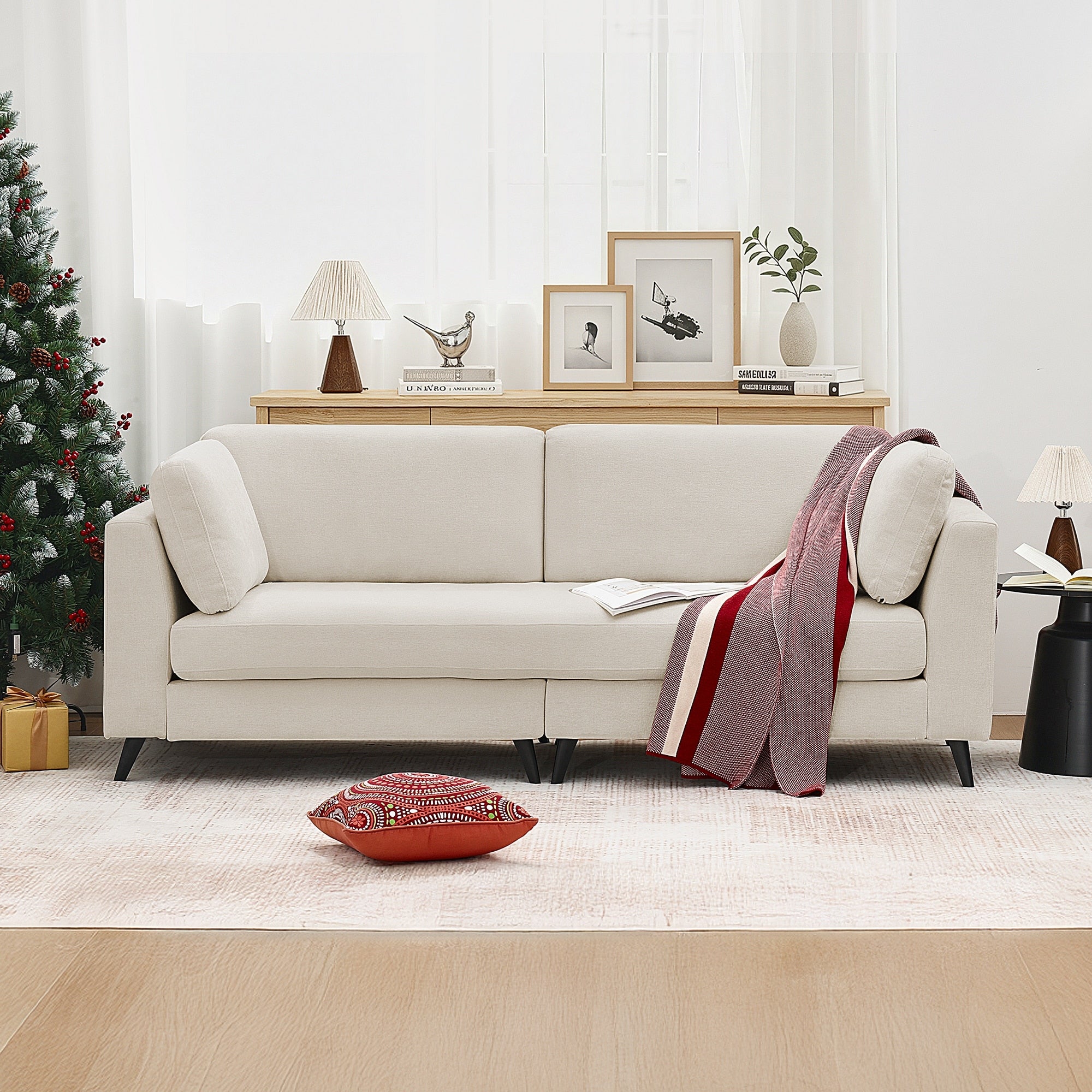 Modern Chenille 2 Seater Sofa Chouch With Bolster Pillows