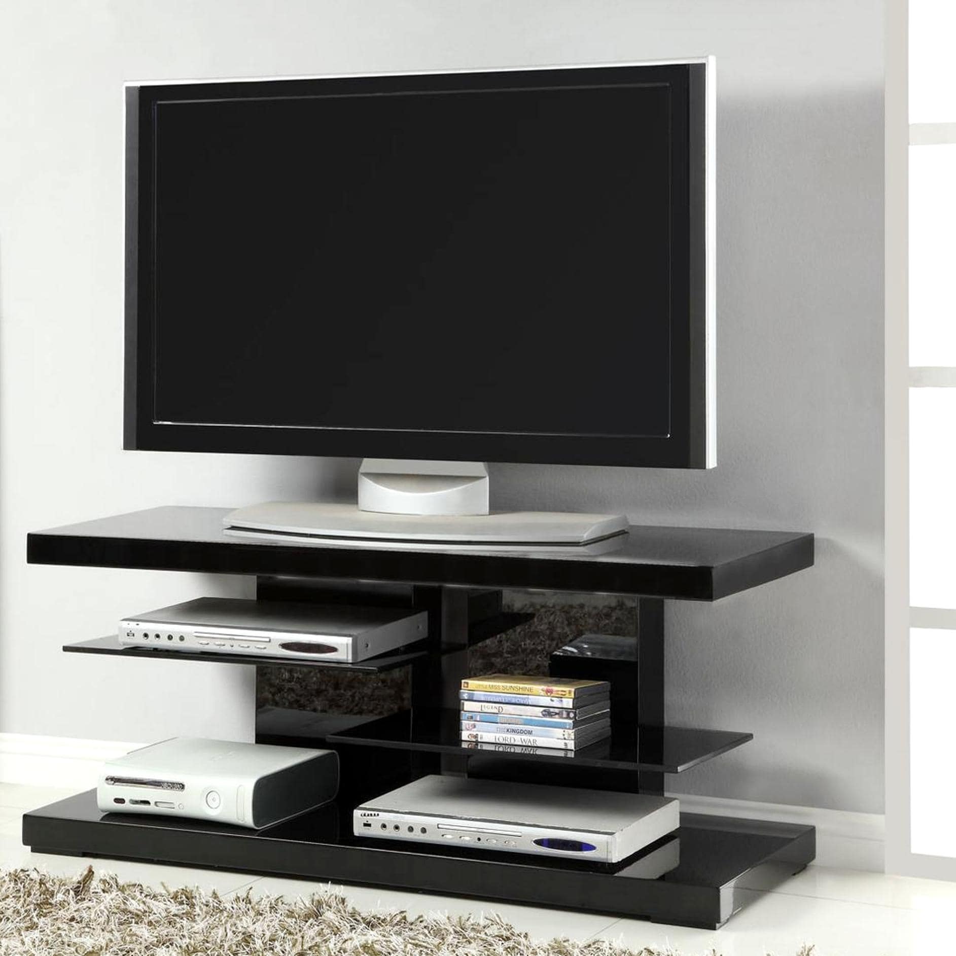 Modern Chic Design Glossy Black Display Tv Console With Black Tempered Glass Shelves