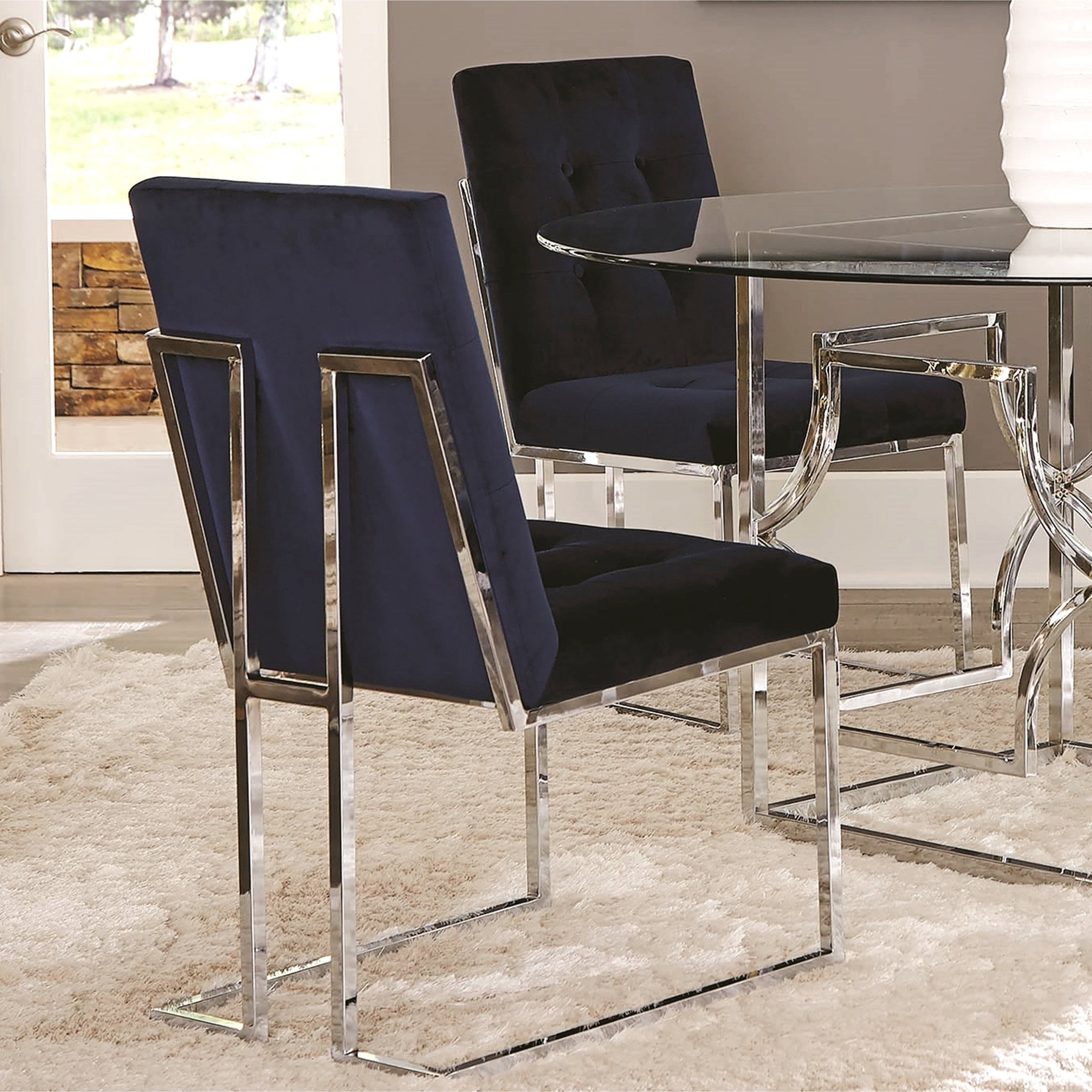 Modern Chrome Artistic Floating Design Tufted Dark Blue Dining Chairs Set Of 2