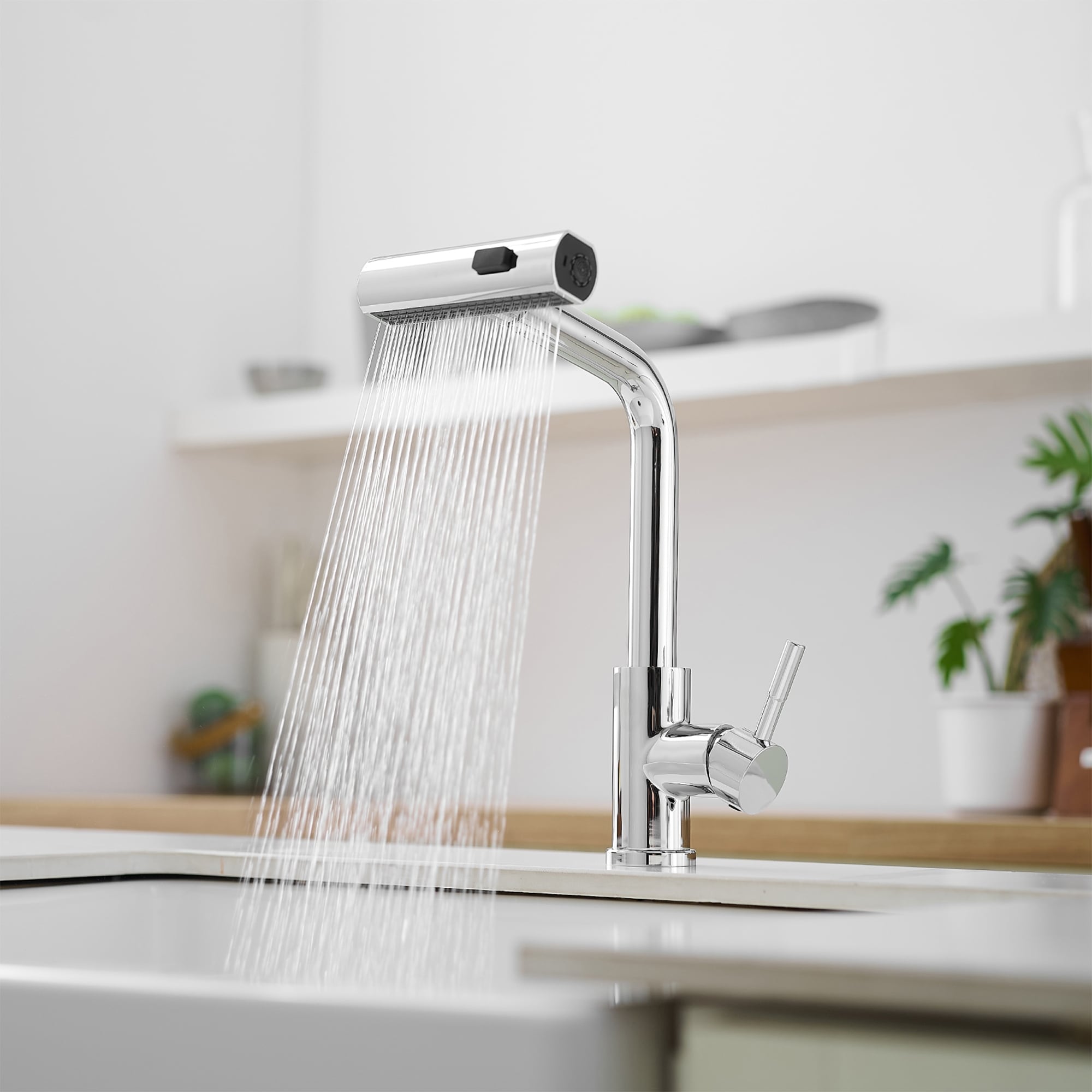 Modern Chrome Single Handle Kitchen Faucet With Pull Out Sprayer 3 Function Water Outlet