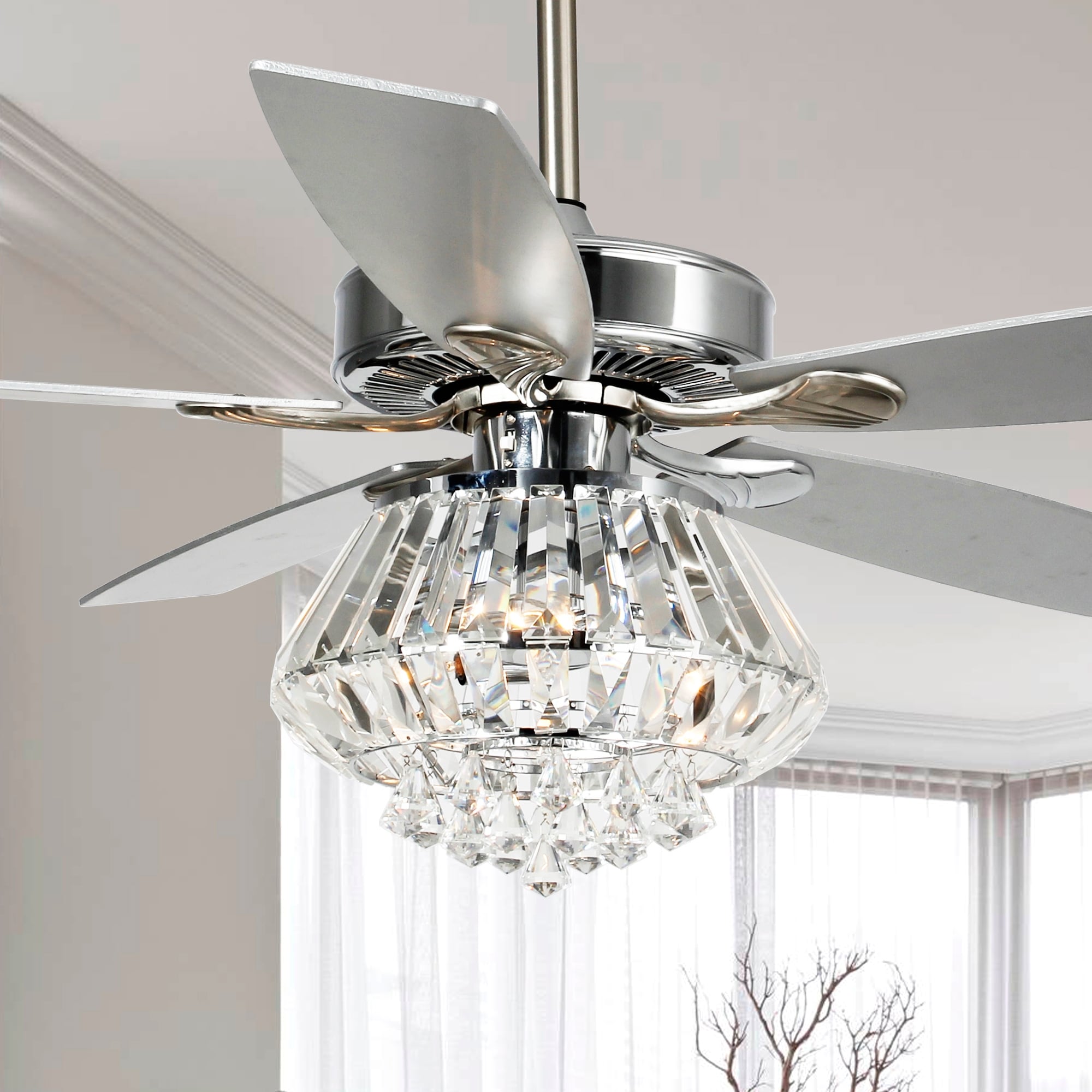 Modern 52 Inch Chrome 5 Blade Crystal Ceiling Fan With Remote