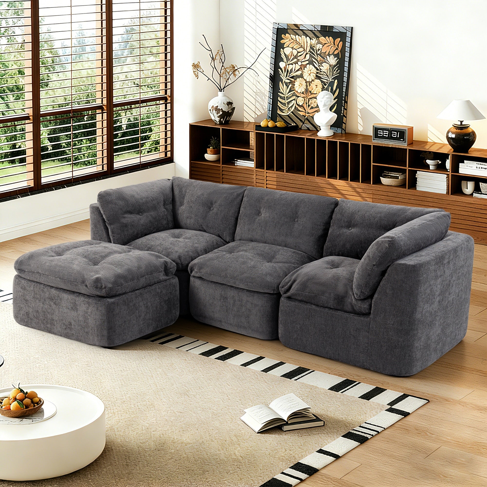 Modern Cloud Style Deep Seat Convertible L Shaped Frame Free Sofa With Ottoman 4 Seater Compressed Sofa Modular Sectional Sofa