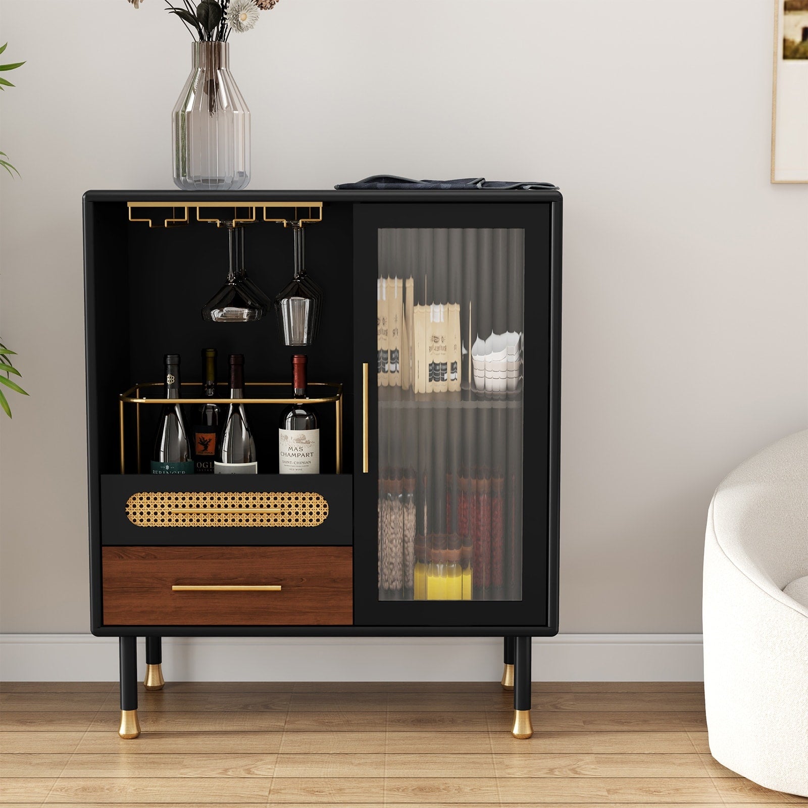 Modern Coffee Bar Cabinet With Wine Glass Rack And Storage Drawer