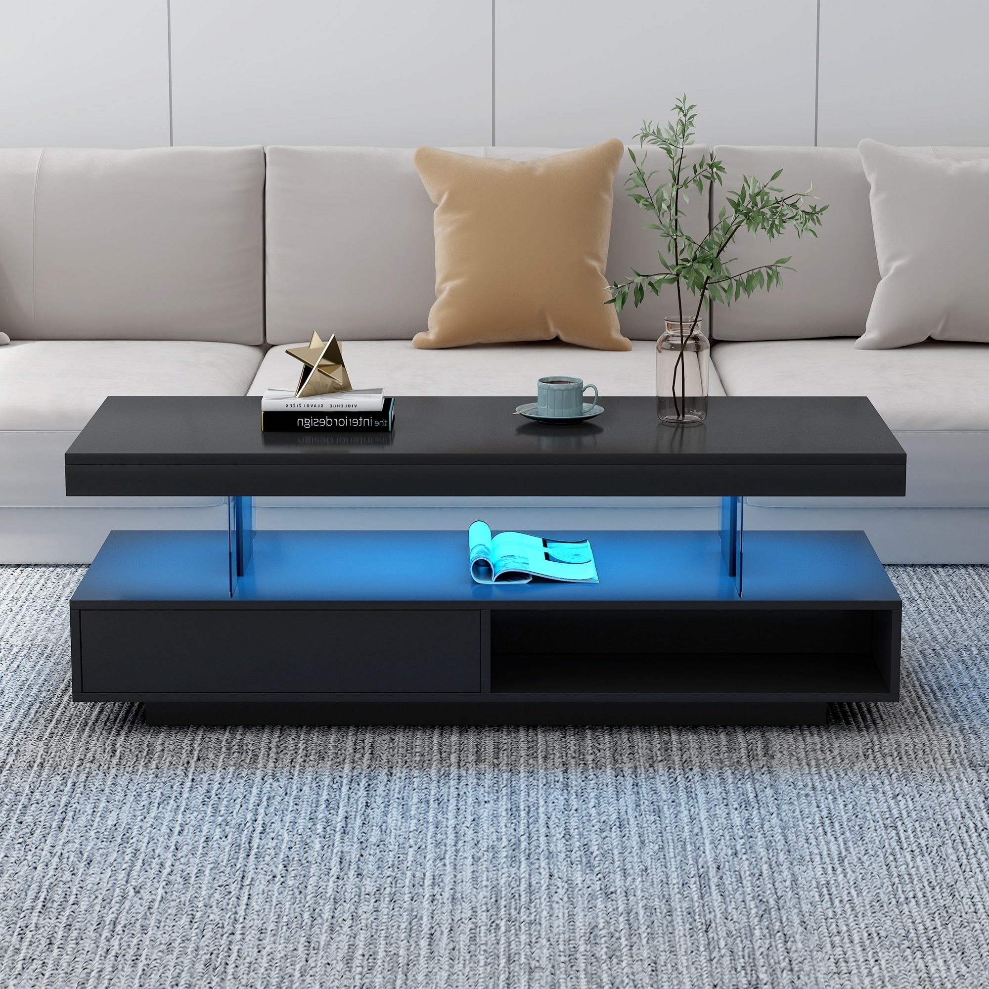 Modern Coffee Table Sofa Table With 2 Drawers And Display Shelves Accent Table Center Table With Led Lights
