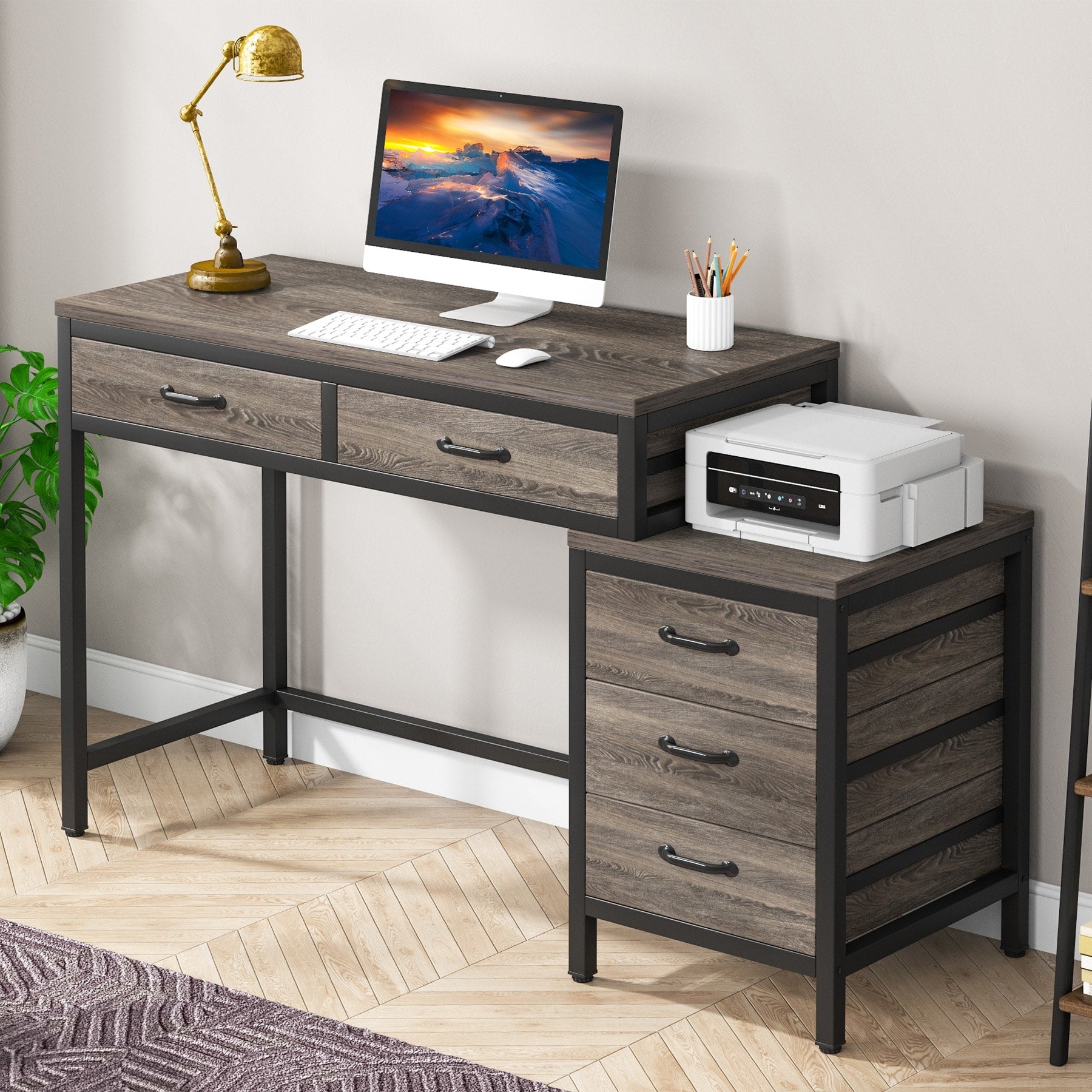 Modern Computer Desk With 5 Drawers Home Office Desks With Reversible Drawer Cabinet Printer Stand