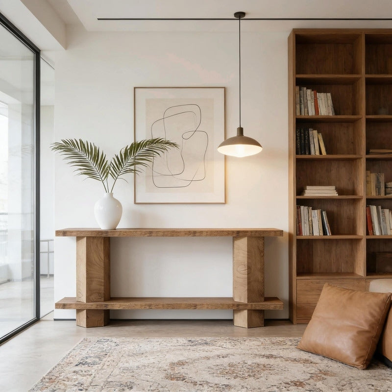 Modern Console Table With Unique Hexahedron Legs And Sturdy Mdf Top
