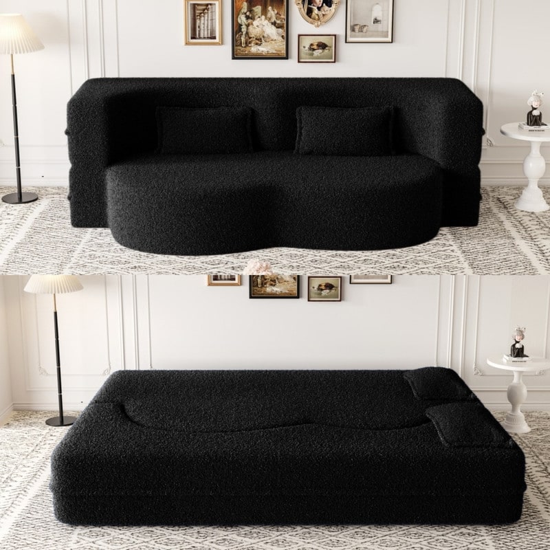 Modern Convertible Floor Sofa Bed Full Size Foldable Sleeper With Memory Foam 2 Pillows No Assembly Needed