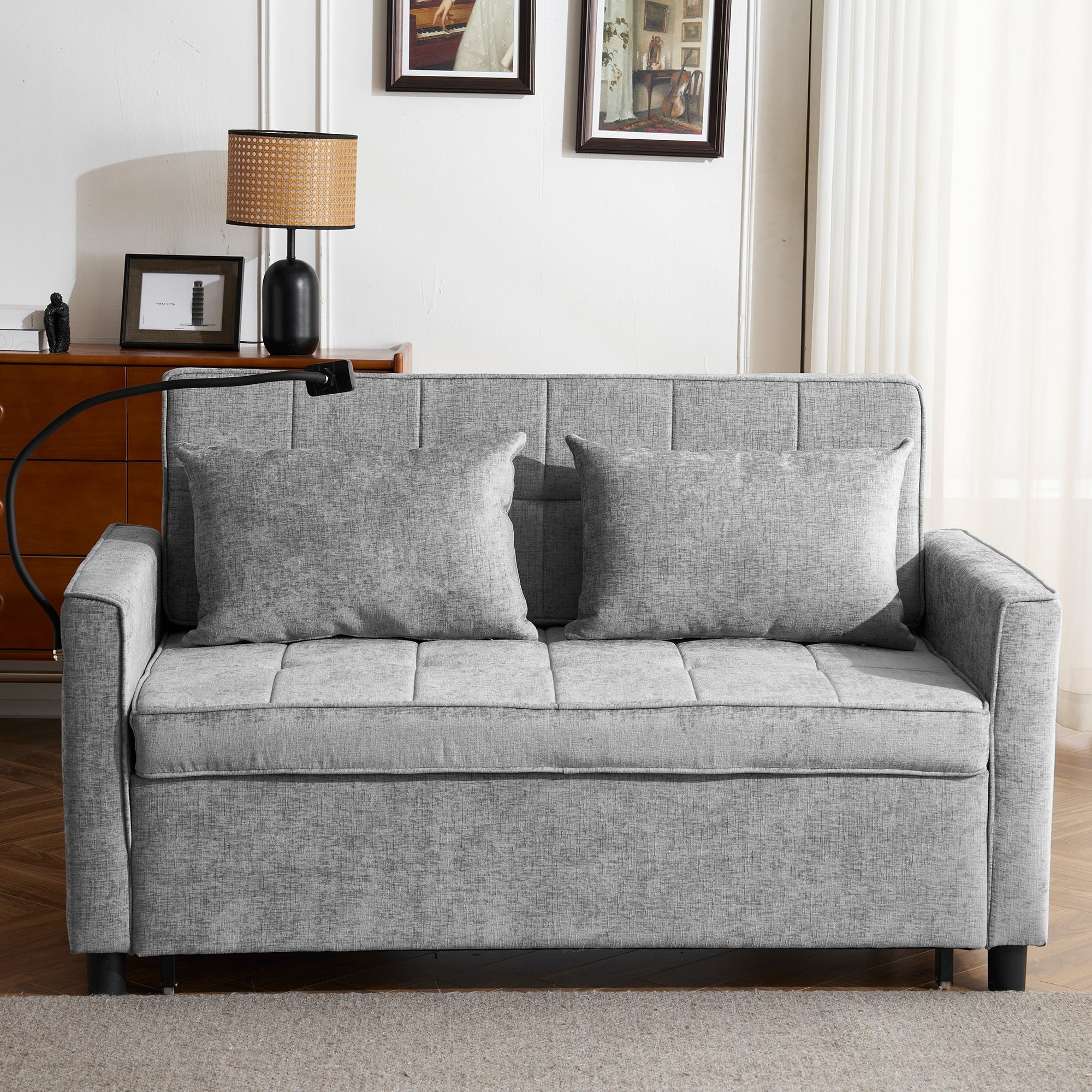 Modern Convertible Sofa Bed Pull Out Loveseat With Usb Ports Grey Padded Sleeper Sofa With Adjustable Backrest