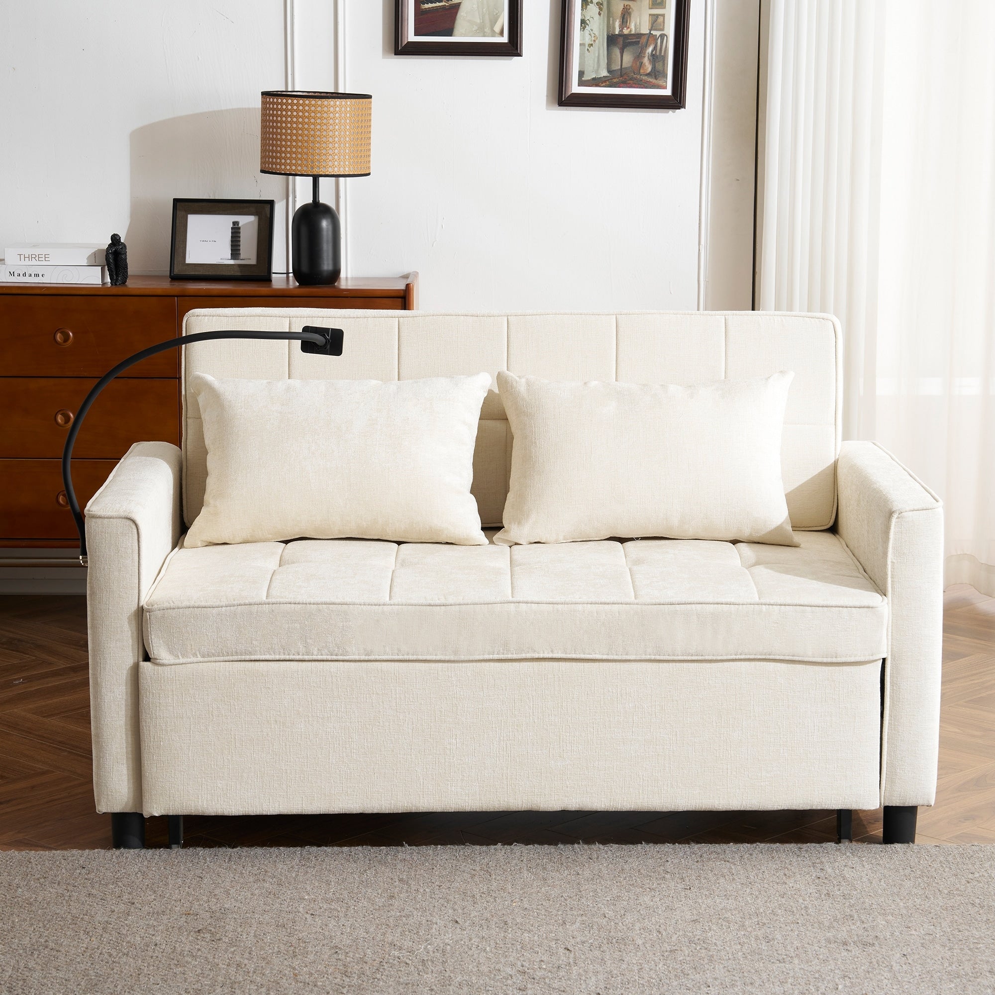 Modern Convertible Sofa Bed Pull Out Loveseat With Usb Ports Padded Sleeper Sofa With Adjustable Backrest