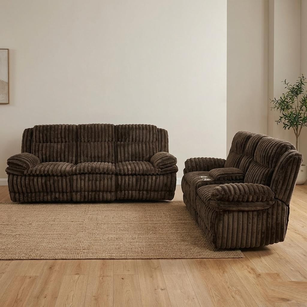 Modern Corduroy Manual Recliner Glider Sofa Set With Storage And Cupholder