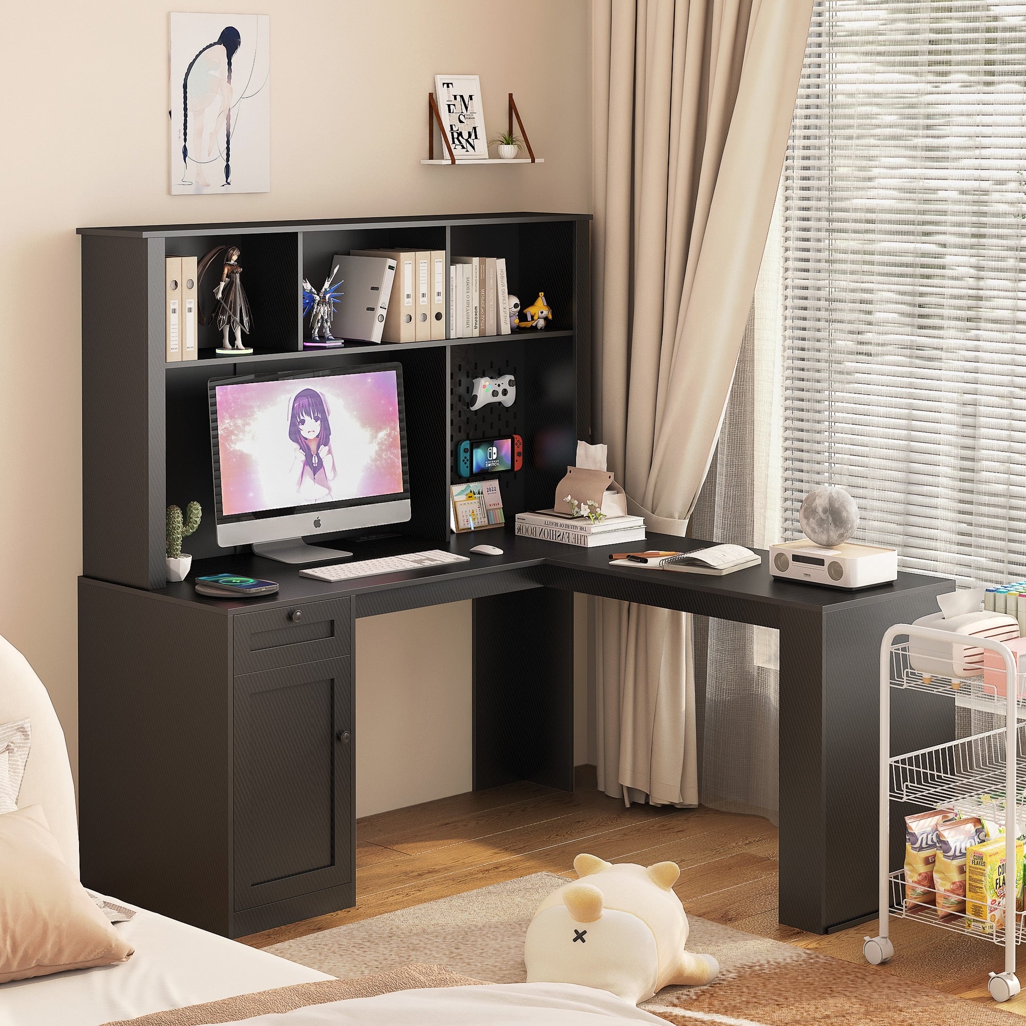 Modern Corner Office Desk With Charger And Drawers Bookshelf