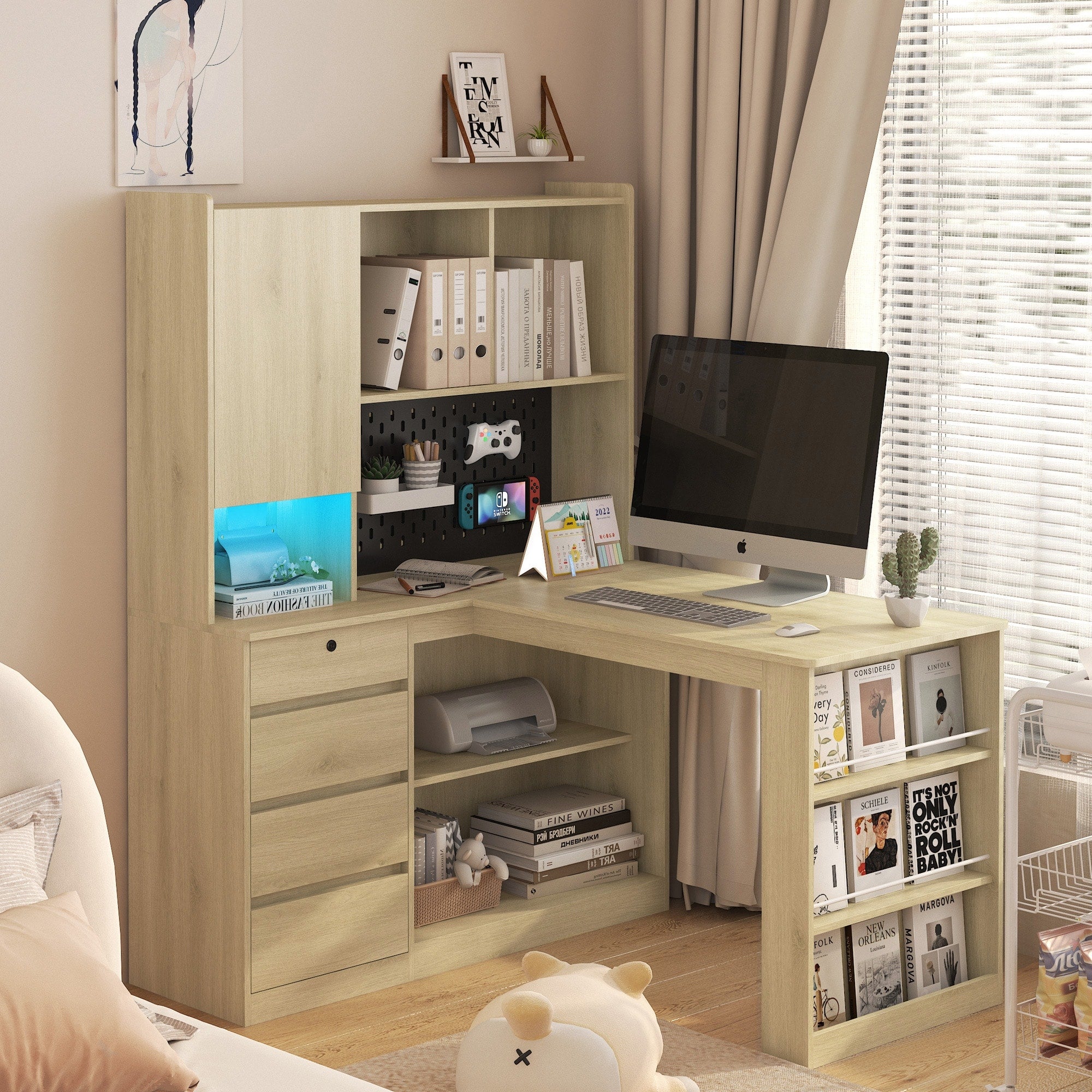 Modern Corner Office Desk With Charger And Drawers Bookshelf