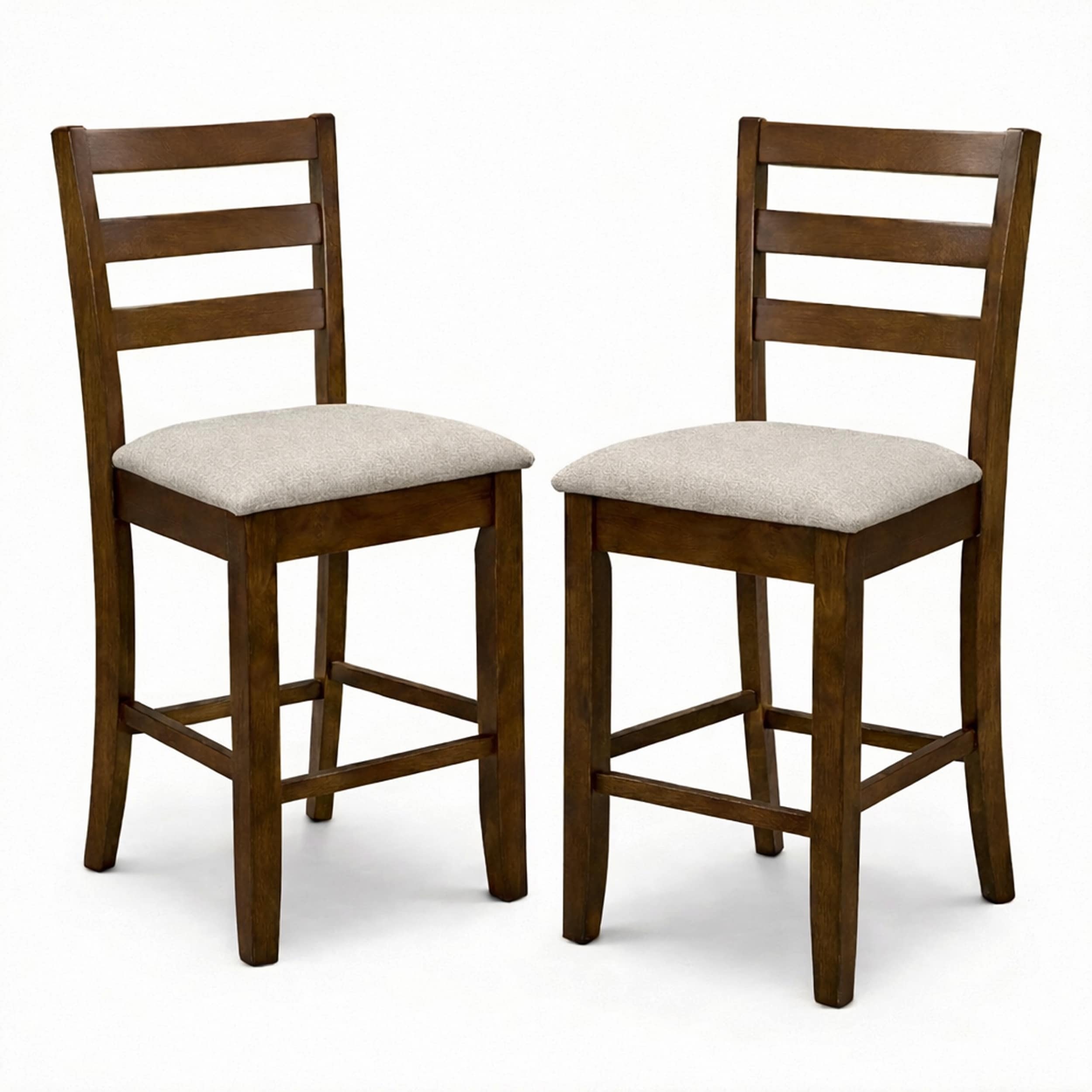 Modern Counter Height Bar Stools Set Of 2 Dirty Oak Finish With Greige Polyester Upholstered Seats Solid Rubberwood