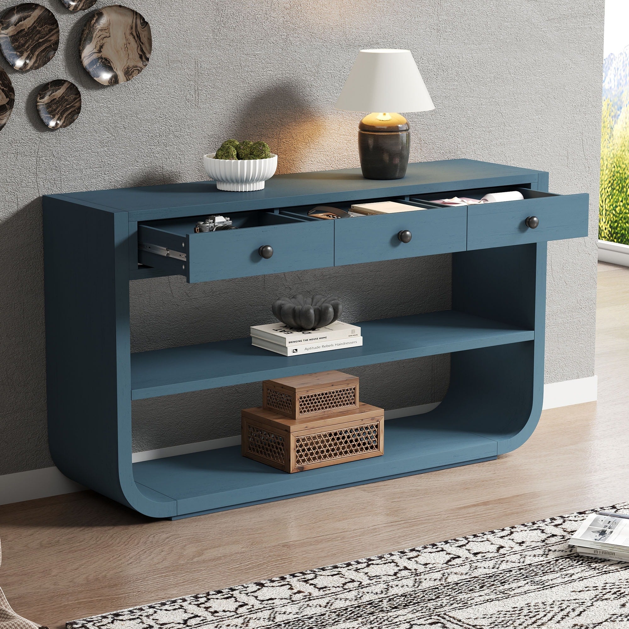 Modern Curved Console Table Sofa Table With 3 Drawers Entryway Table Hallway Table With 2 Open Shelves