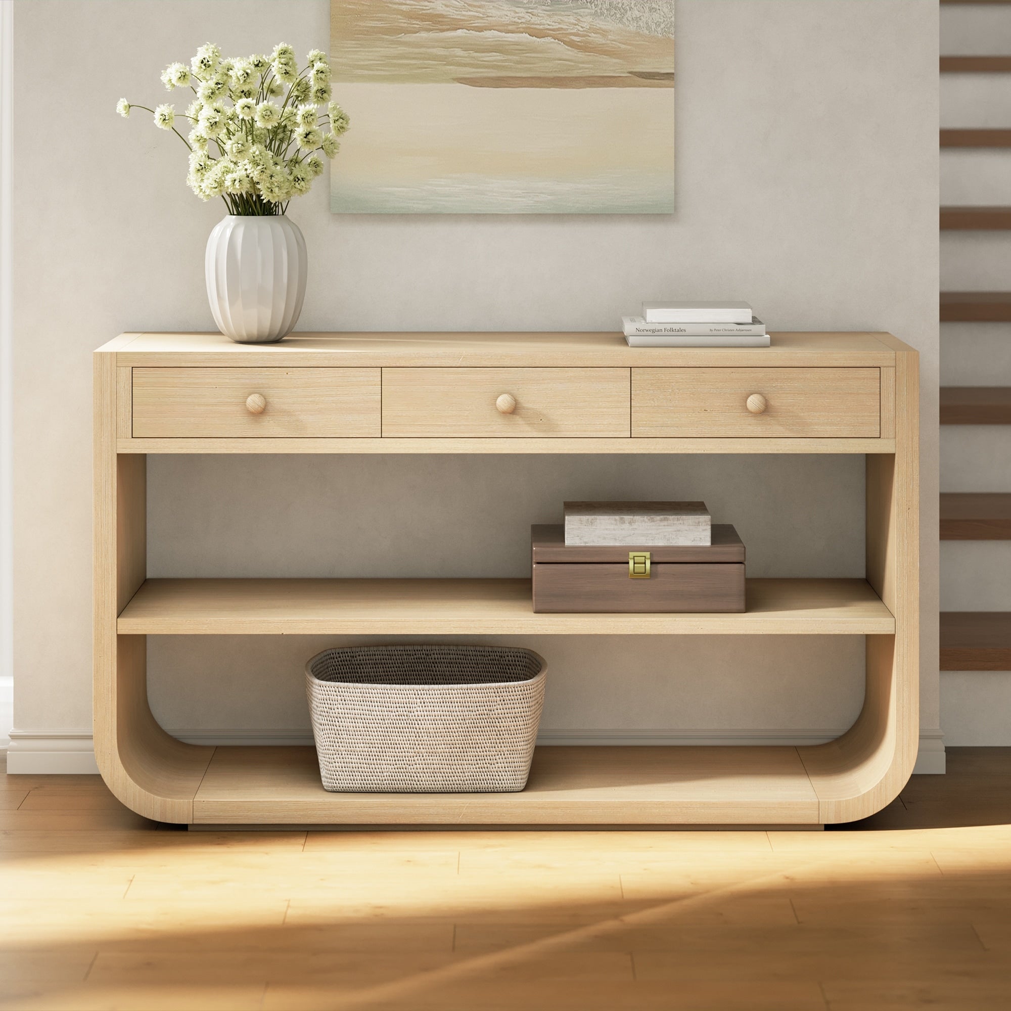 Modern Curved Console Table Sofa Table With 3 Drawers Entryway Table Natural Hallway Table With 2 Open Shelves
