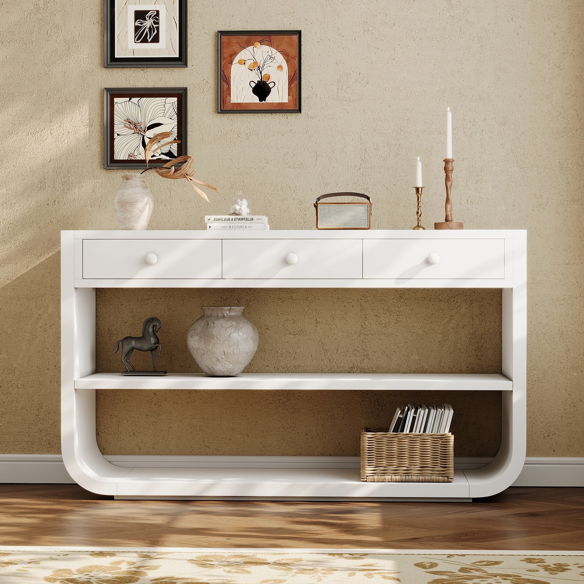 Modern Curved Console Table Sofa Table With 3 Drawers White Entryway Table Hallway Table With 2 Open Shelves