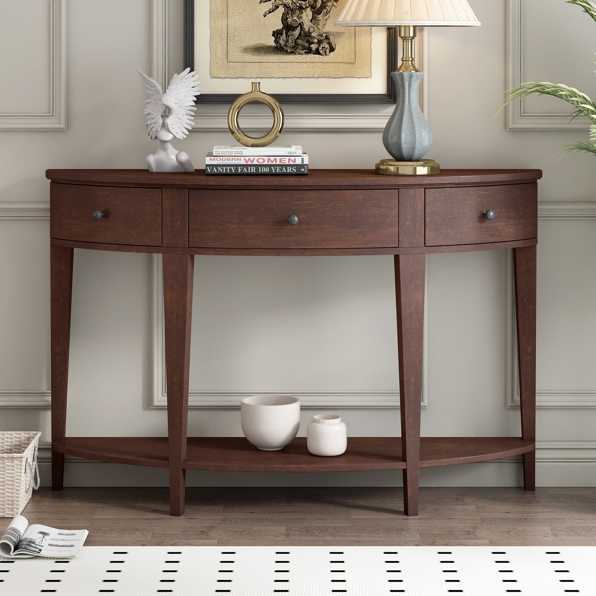 Modern Curved Console Table Sofa Table With 3 Drawers And 1 Shelf For Hallway Entryway Living Room