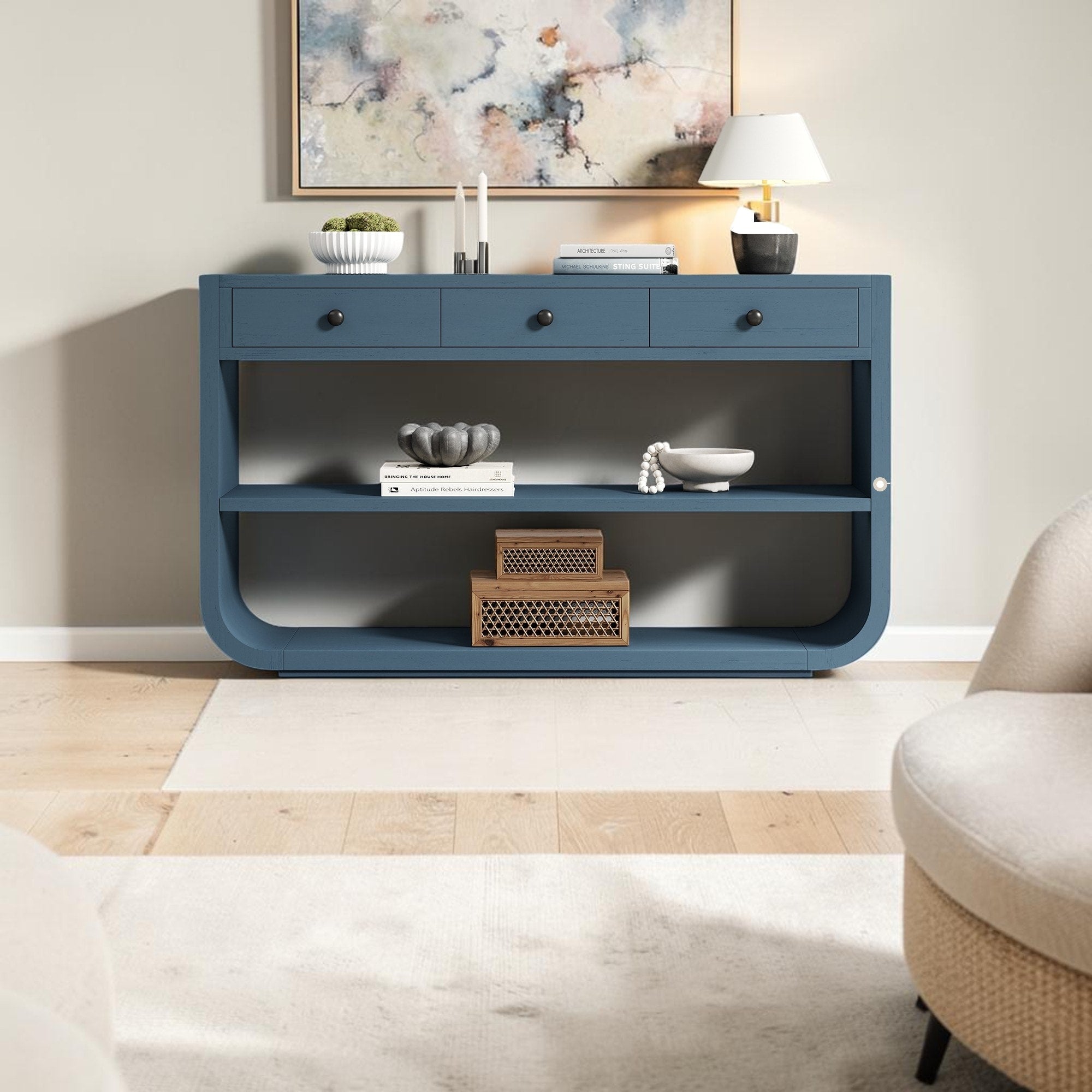 Modern Curved Console Table With 3 Drawers And Open Shelves Entryway Sofa Accent Table