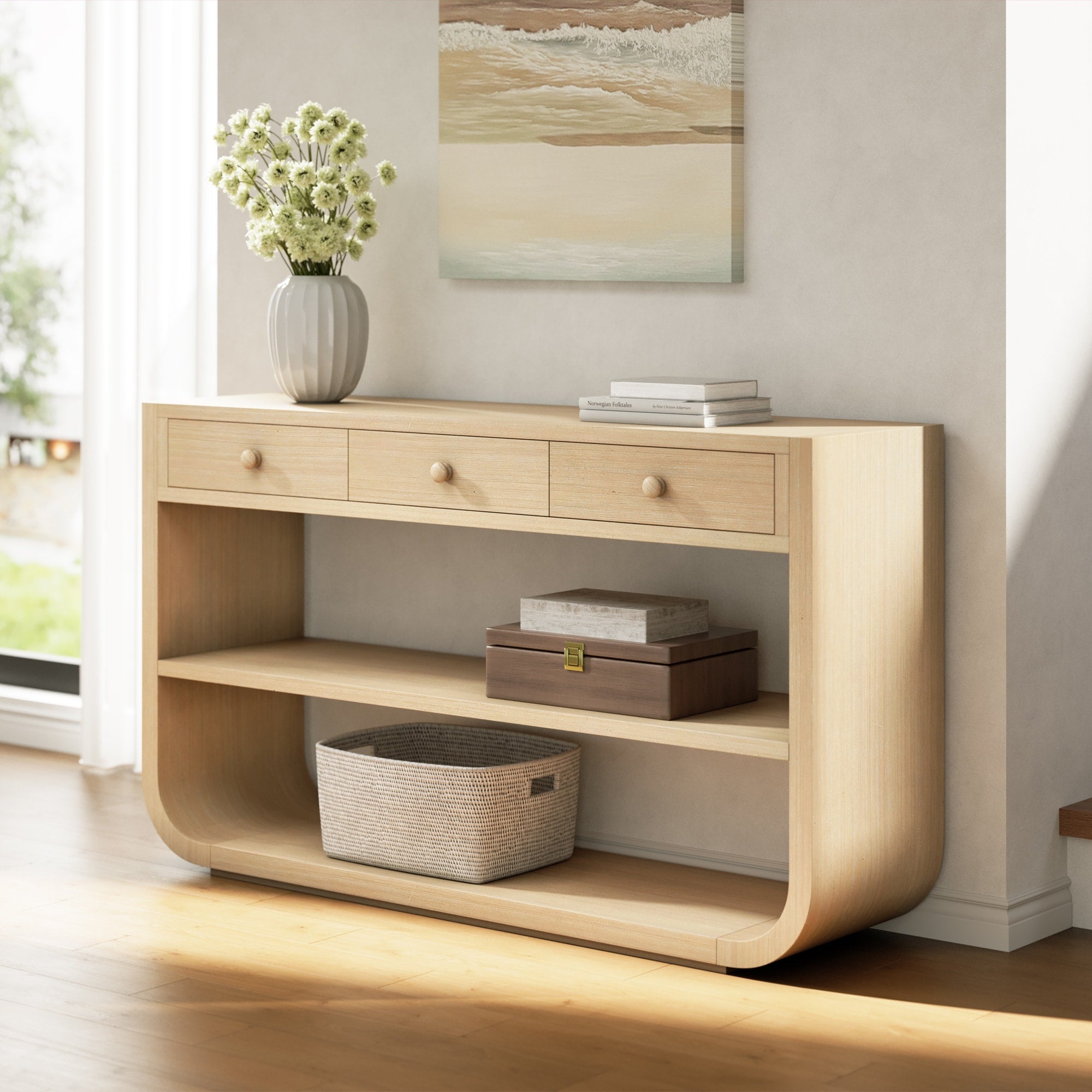 Modern Curved Console Table With 3 Soft Close Drawers 2 Open Shelves Solid Wood Base Entryway Table For Living Room Hallway