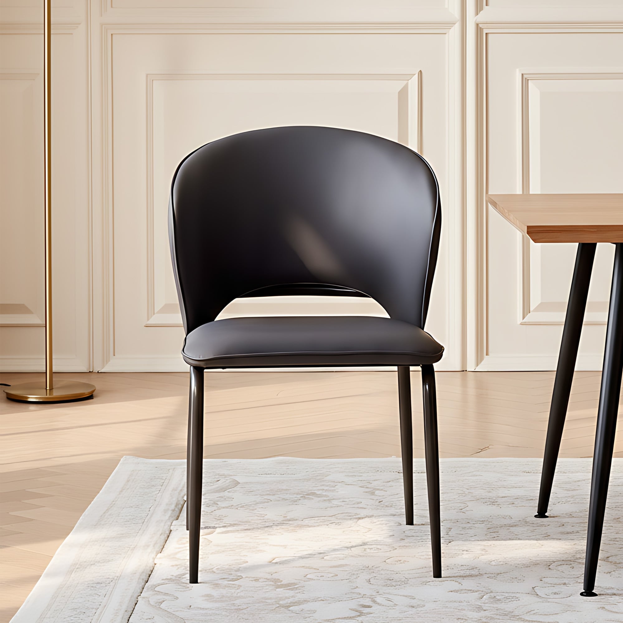 Modern Curved Faux Leather Upholstered Dining Chair With Cutout Back And Black Metal Legs